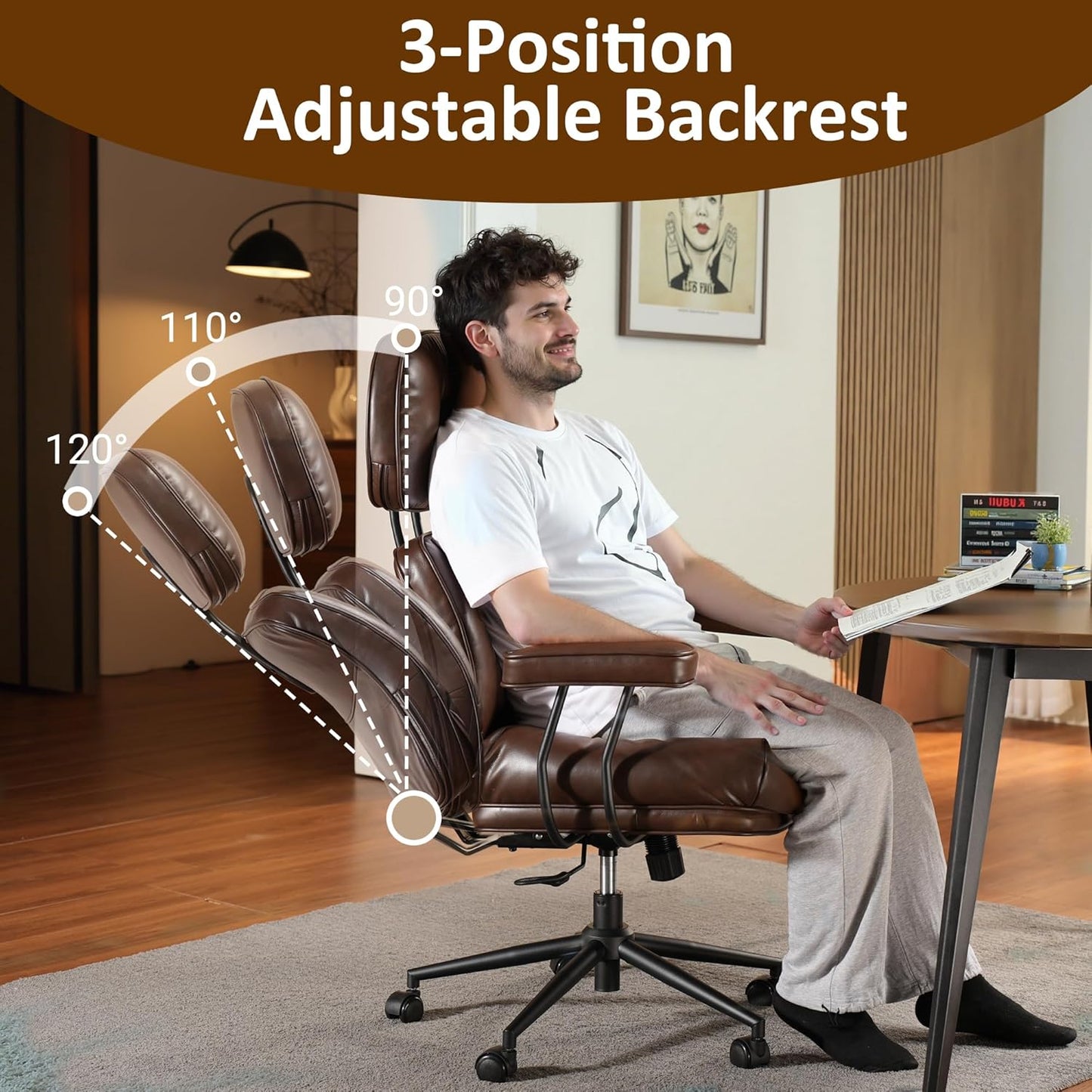 Faux Leather Executive Big and Tall Office Chair - Reclining Task Swivel PC Chair with Lumbar Support, Dark BrownPU