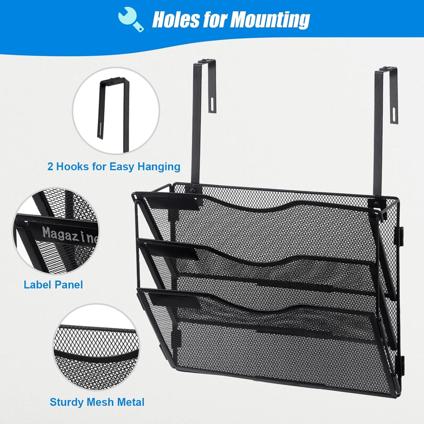 EASEPRES 3 Pocket Mesh Hanging Wall File Organizer with Hangers & Nametag Label, Wall Mounted Mail Paper Document Folder Holder, Clipboard Storage Organization Magazine Rack for Office Cubicle, Black