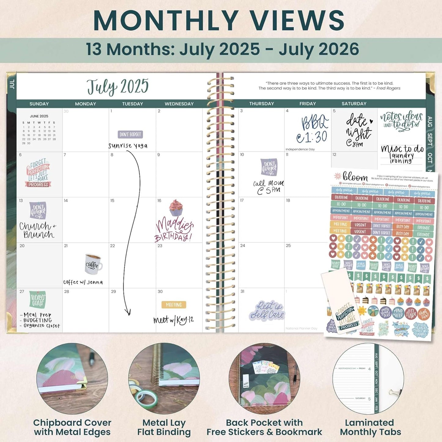 bloom daily planners HARDCOVER 2025-2026 (8.5" x 11") Academic Year Day Planner (July 2025 - July 2026) - Task Goal Organizer - Monthly & Weekly Inspirational Agenda Book - Emerald Paint Strokes