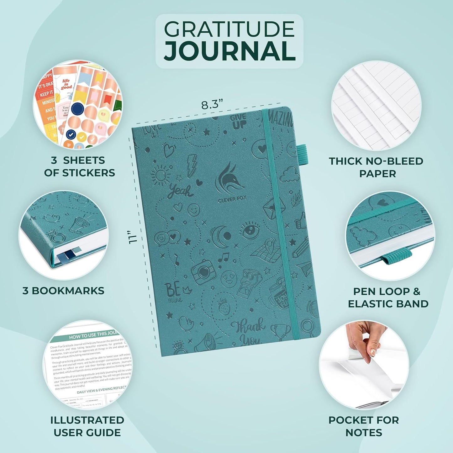 Clever Fox Gratitude Journal Large – Happiness, Positivity & Affirmation Journal – Inspirational Daily Notebook, 3 Months, 8.3x11” (Aquamarine)