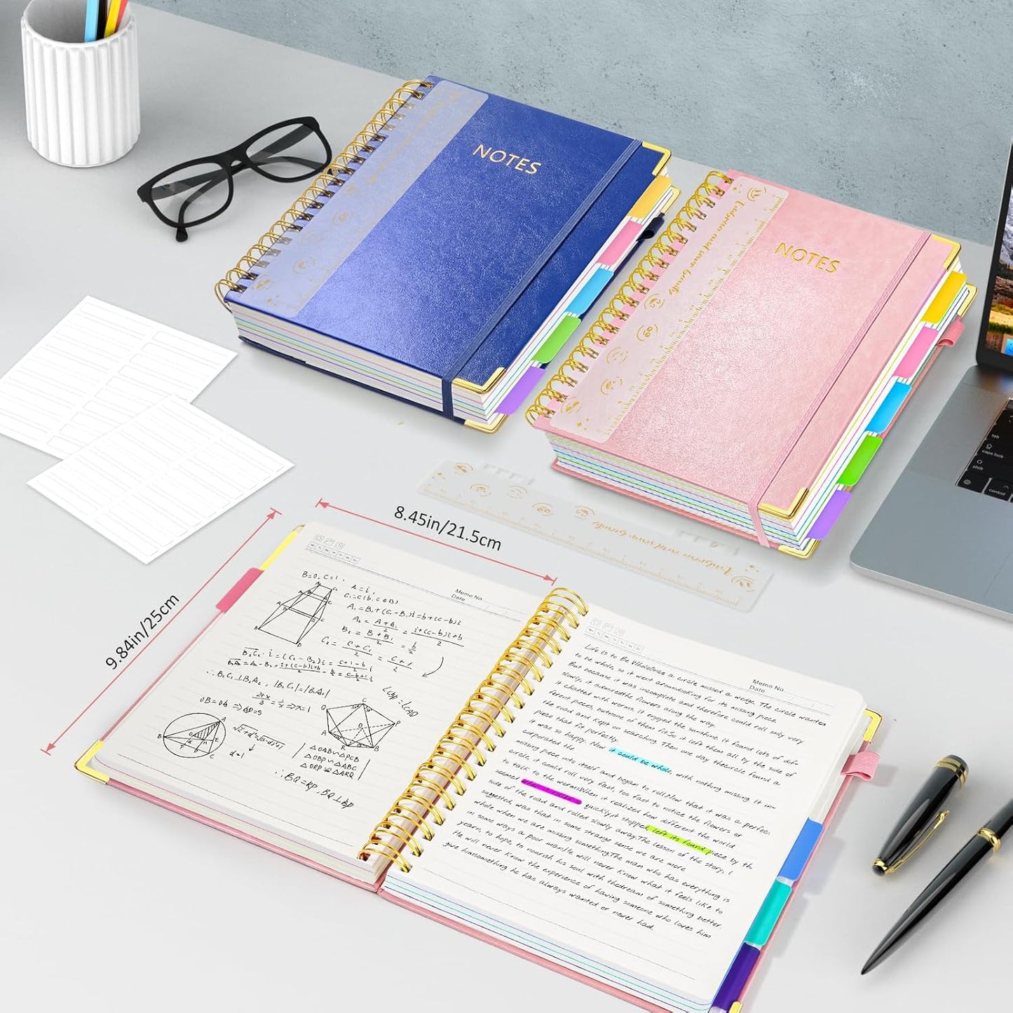 Hardcover Spiral Notebook Journal, 8"x10" Large B5 Notebooks with Removable Dividers Tabs, 300 Pages Leather 5 Subject Notebook College Ruled, Journal for Work School Note, 100 GSM Thick Paper,Pink