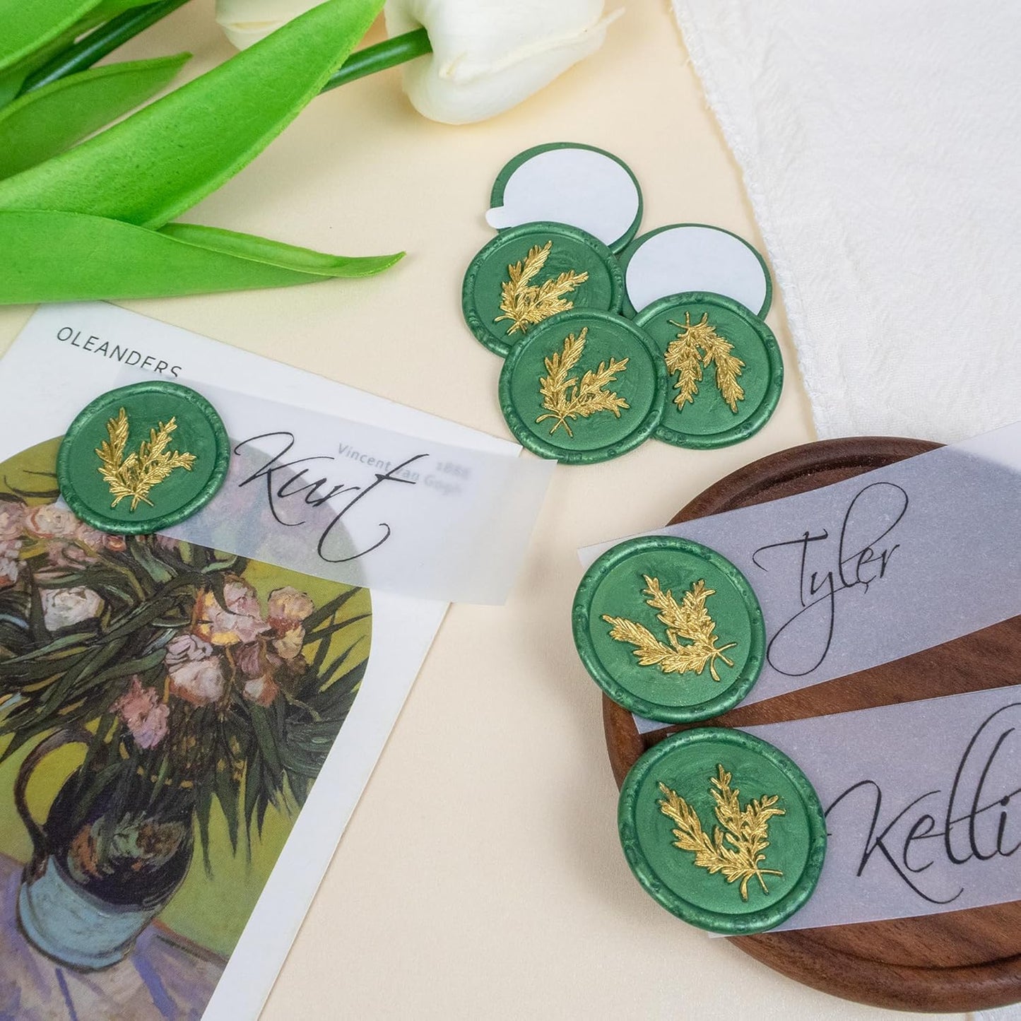 50Pcs Gold & Green Wax Seal Stickers - Handmade Envelope Seals, Self-Adhesive Wax Stickers for Wedding Party Invitations, Envelope, Gift Wrap, Christmas (Gold Rosemary Style, Green)