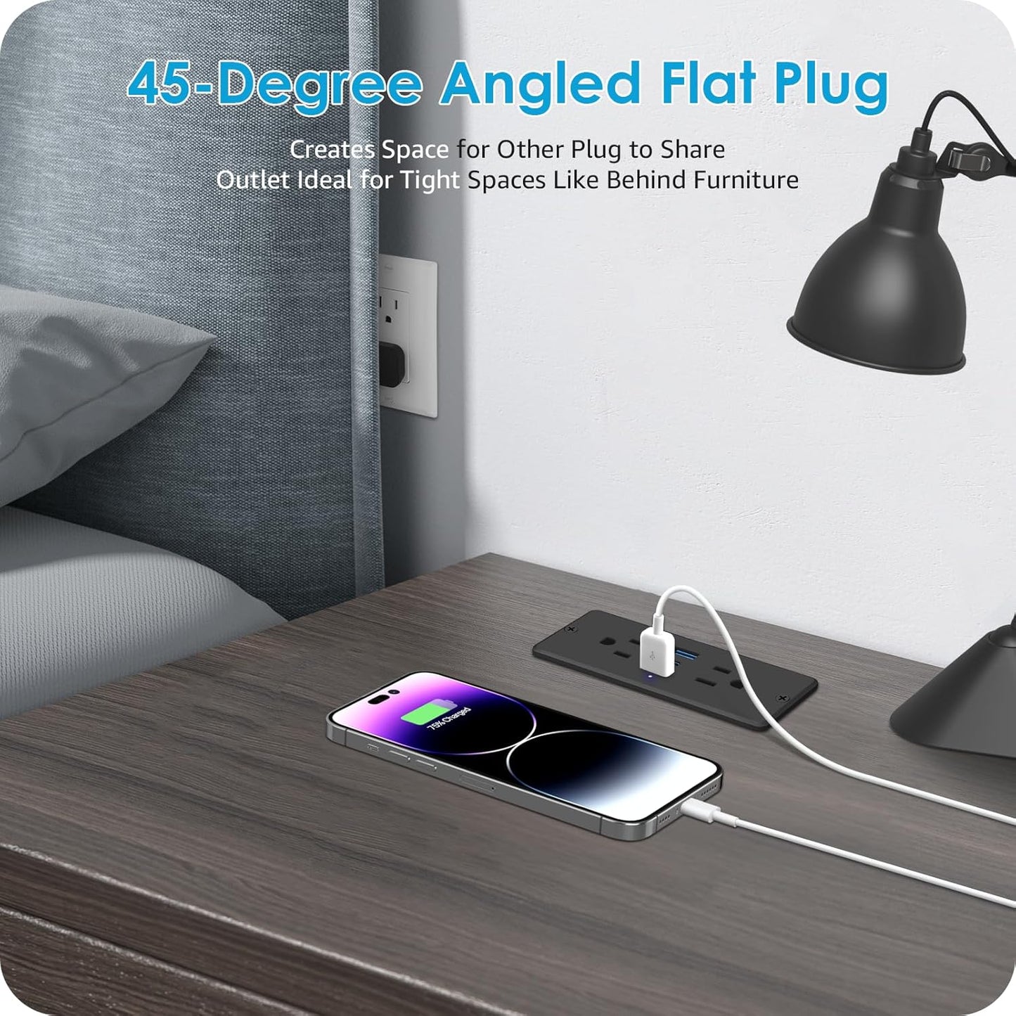 HHSOET 5 in 1 Recessed Power Strip Flat Plug, 65W Fast Charging Furniture Outlet with USB, Conference Recessed Socket with 2 AC Plugs, 2 USB Ports 1 USB-C, 6ft Power Cord. (Black)