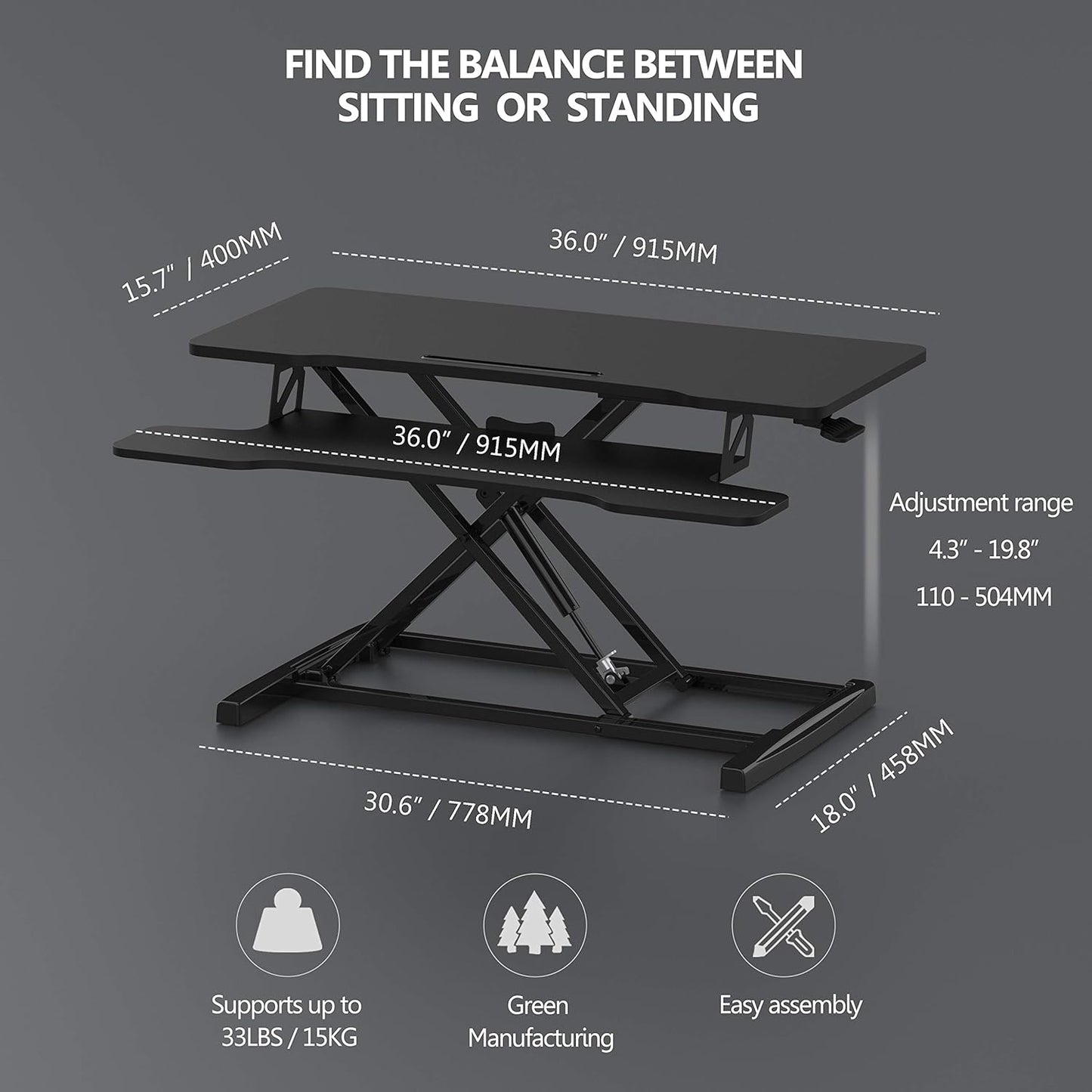 FITUEYES Height Adjustable Standing Desk 36” Wide Sit to Stand Converter Stand Up Desk Tabletop Workstation for Dual Monitor Riser FSD309101WB