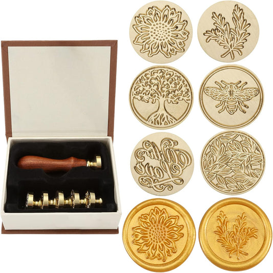 Yoption 6 Pcs Botanical Wax Seal Stamp Set, Vintage Flower Sealing Wax Stamps Kit, Wooden Handle with Brass Head for Wedding Christmas Invitation Gift Cards