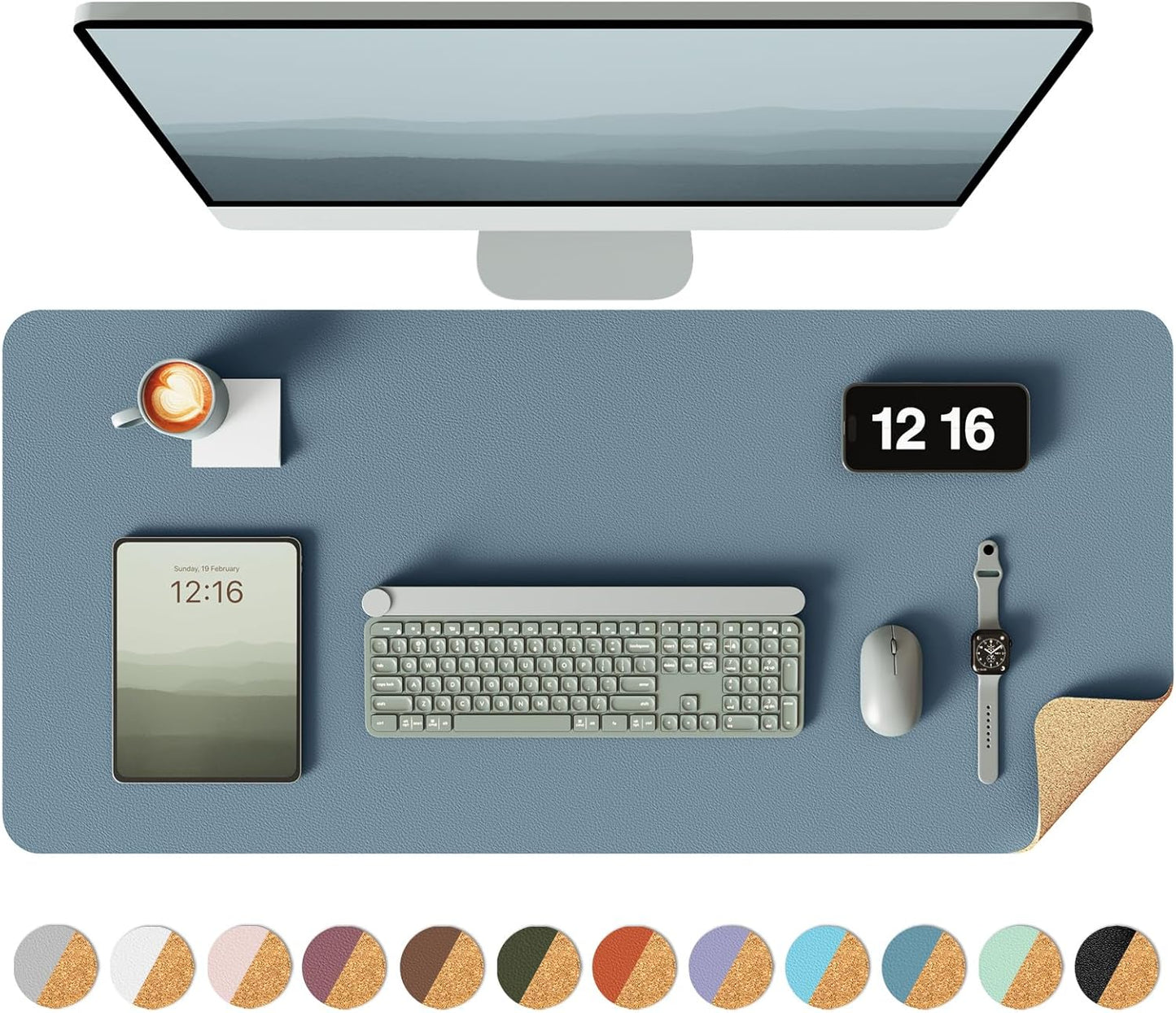 YSAGi Double-Sided Desk Pad, 31.5"x15.7"Leather Desk Mat, Eco Cork Desk Pad Protector,Large Mouse Pad,Waterproof Desk Blotter for Office/Home(Blue Grey)