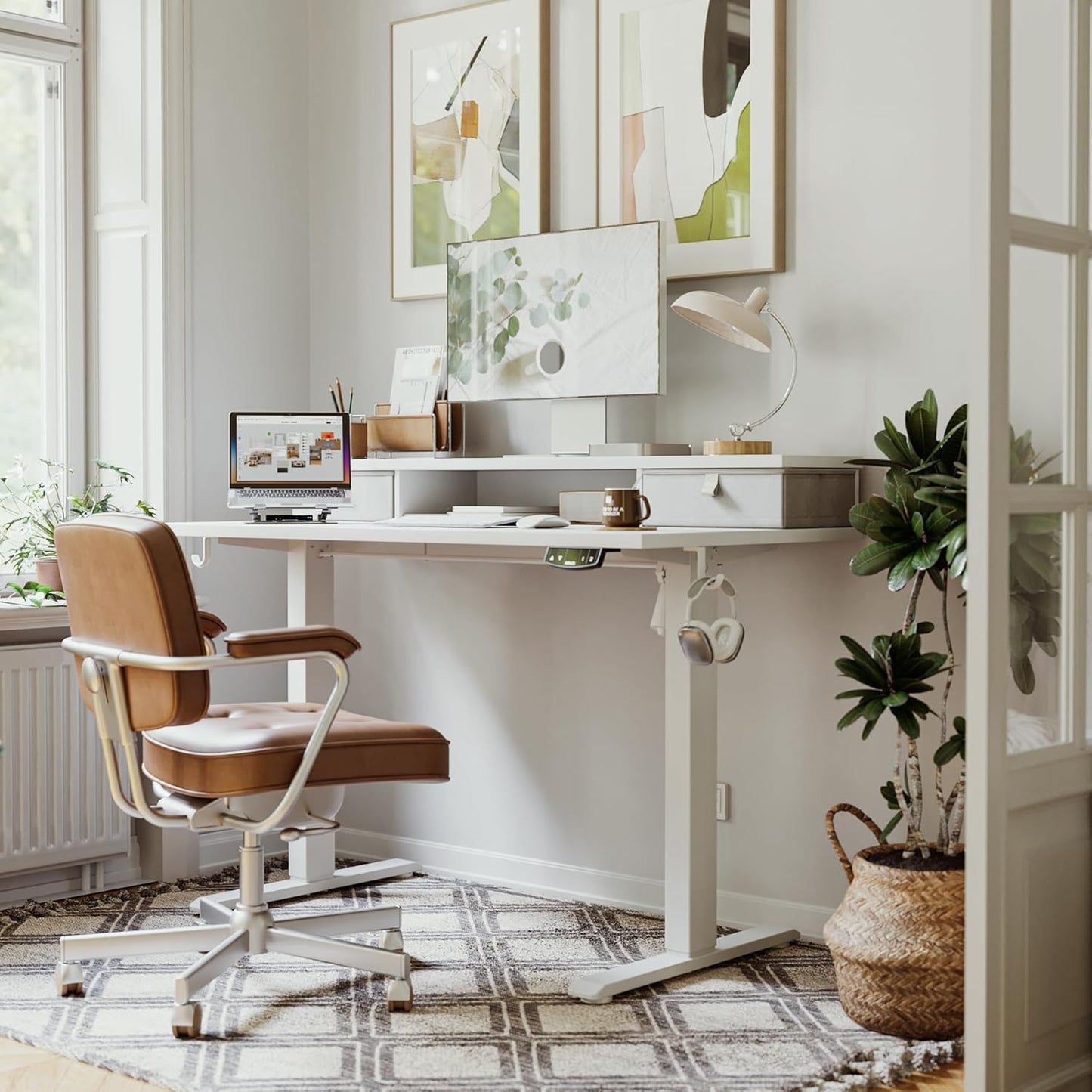 Agilestic 53 x 24 Inches Height Adjustable Electric Standing Desk with 2 Drawers, Stand Up Electric Desk Adjustable Height, Sit Stand Computer Gaming Table with Splice Board, White