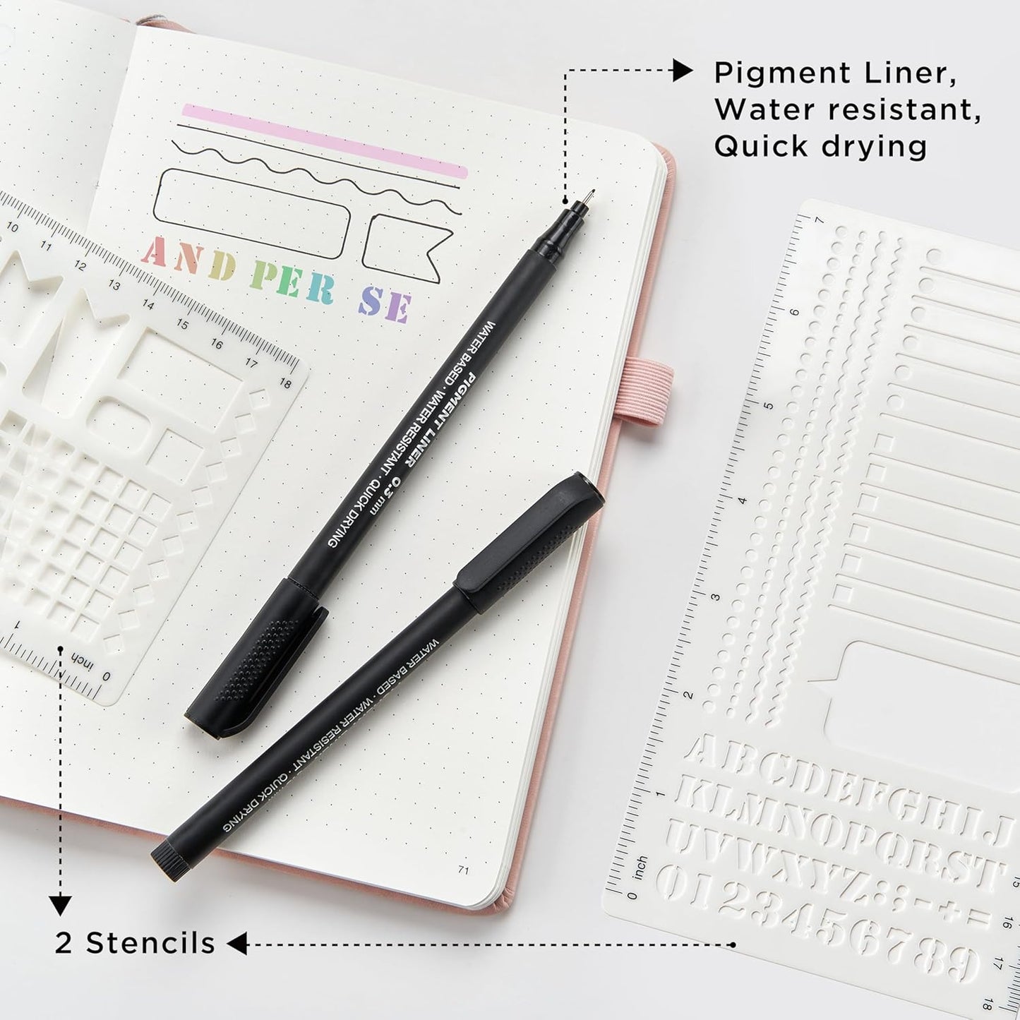 &And Per Se Bullet Dotted Journal Notebook, A5 Leather Hardcover, 176 Numbered Pages 100GSM Thick Dotted Paper, 2 Sheets of Stencils Included - 5.7'' x 8'' (Dark Blue)