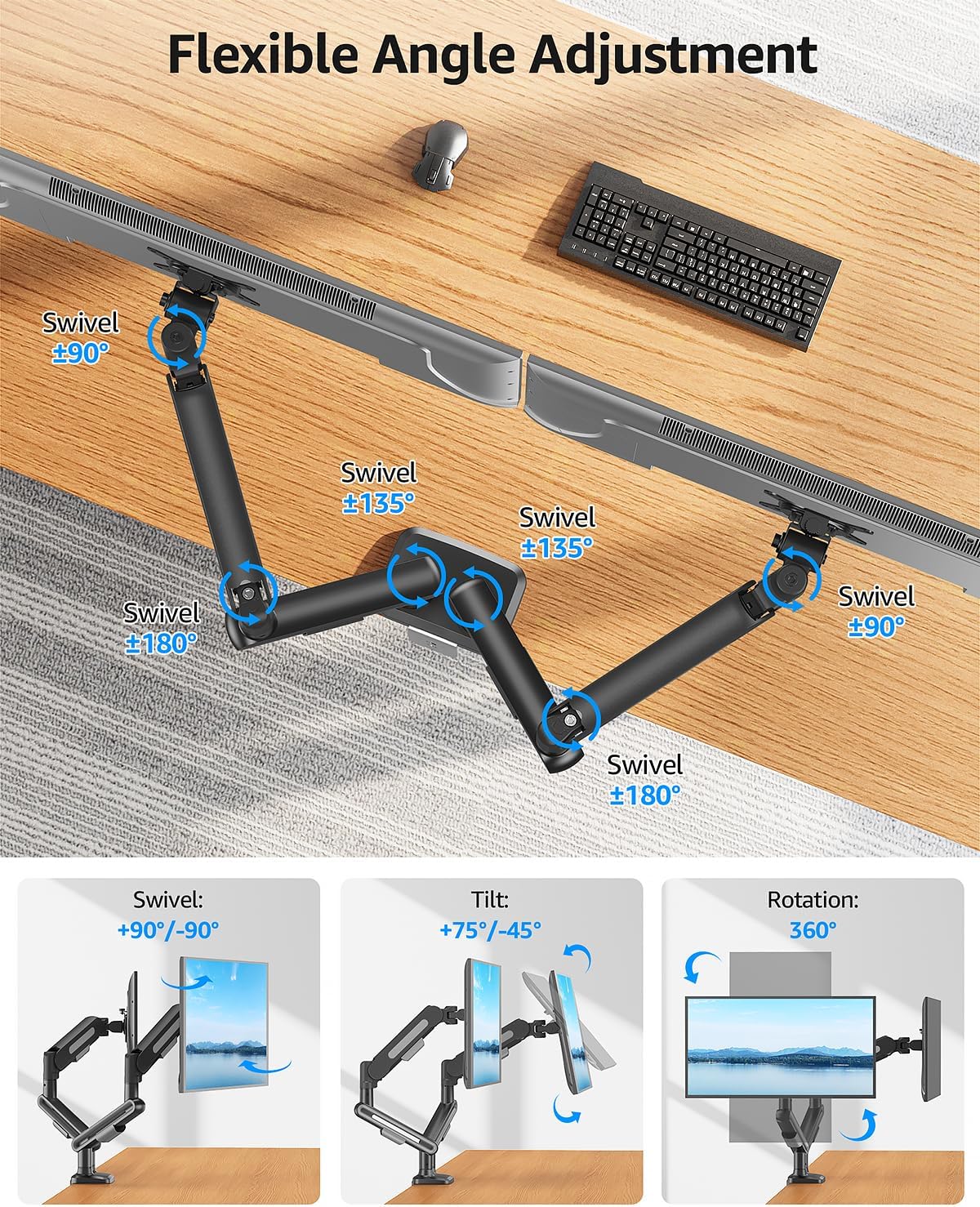 MOUNTUP Dual Monitor Mount Holds 4.4-26.5lbs, Heavy Duty Monitors Arm for 39 37 34 32 27inch, Gas Spring Monitor Stand for 2 Monitor, Height Adjustable Monitors Desk Mount with C-Clamp＆Grommet Base
