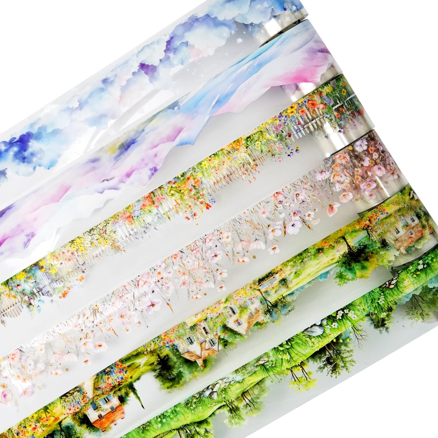 6 Rolls Transparent PET Tape Set, Nature Landscape Decorative Stickers for Scrapbooking, Journaling, DIY Crafts, Waterproof Craft Supplies with Decorative Clip