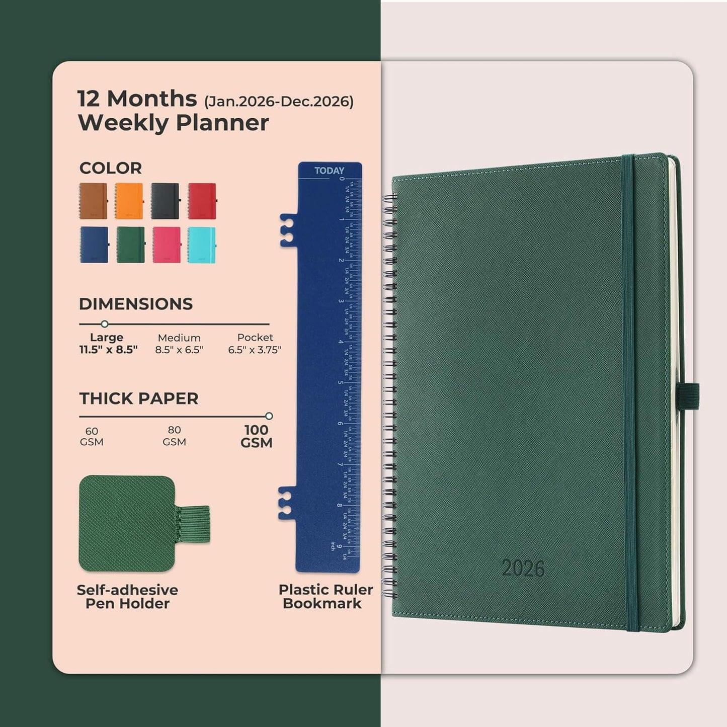 Planner 2026 Daily Weekly and Monthly,11.5"x8.5",12 Months Spiral Bound Calendar Agenda with Self-adhesive Pen Holder,2026 Appointment Book with Vegan Leather Soft Cover,Green