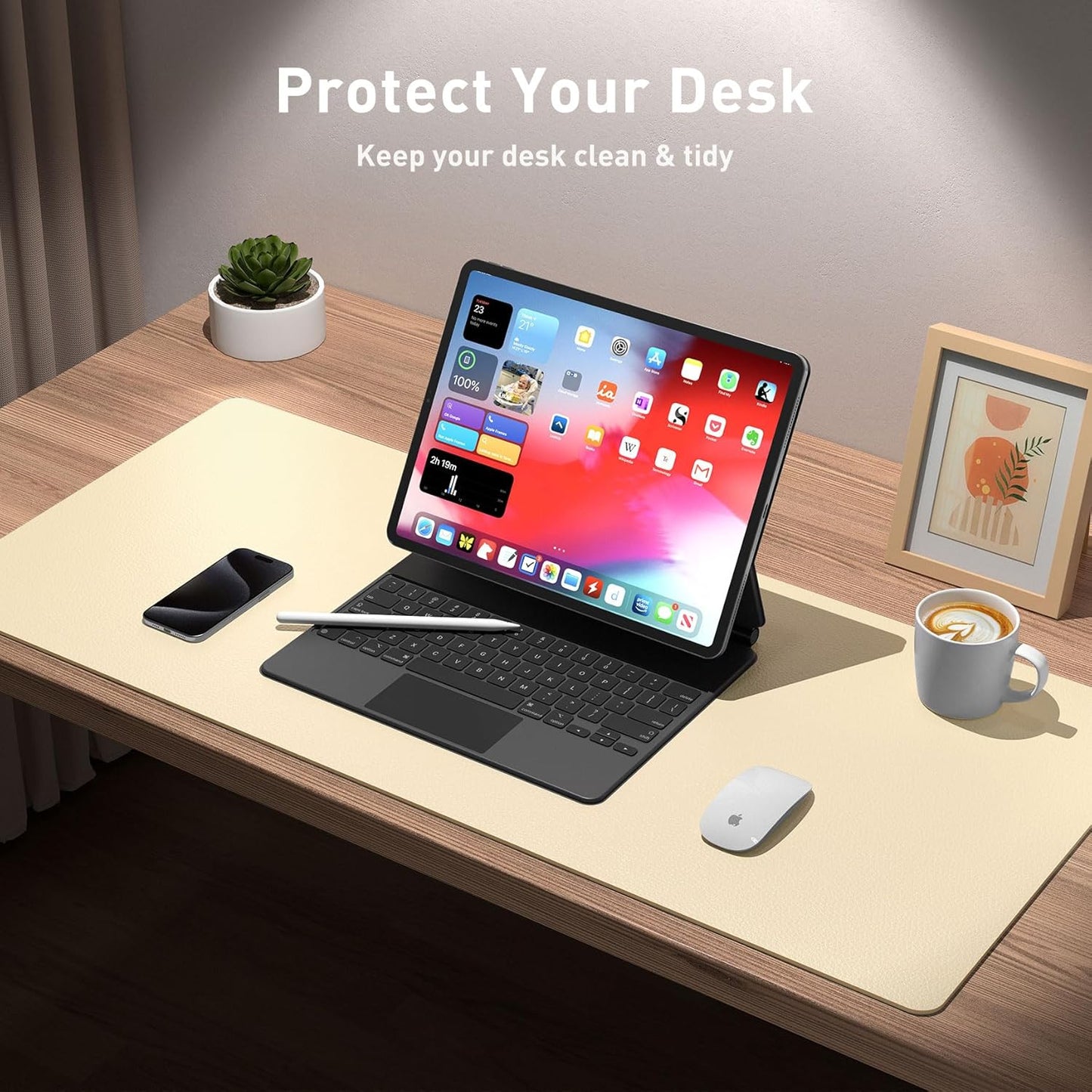 Aothia Leather Desk Pad Protector, Office Desk Mat, Large Mouse Pad, Non-Slip PU Leather Desk Blotter, Laptop Desk Pad, Waterproof Desk Writing Pad for Office and Home (48"x17", Soft Yellow)