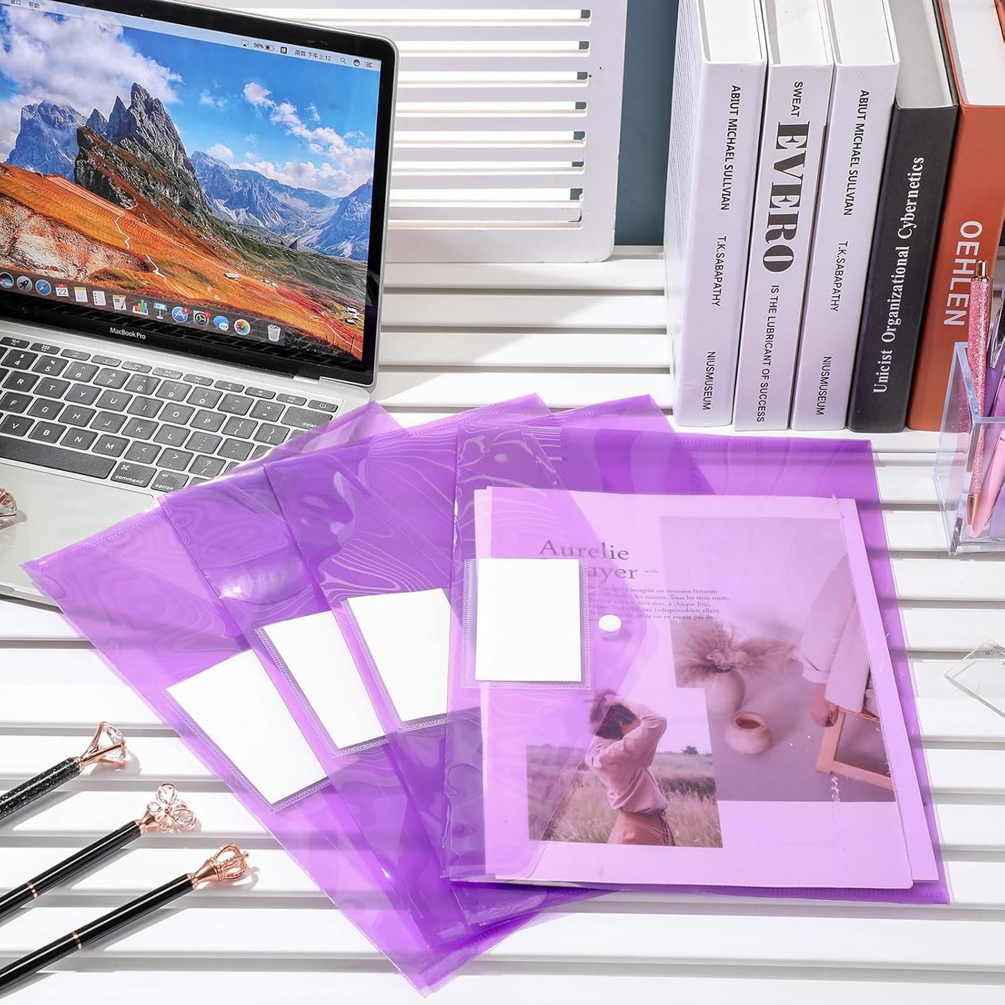 Yeaqee 50 Pcs Plastic Envelopes Poly Envelopes File Folders with Snap Button Closure Clear Folders for Documents US Letter A4 Size Filing Holder with Label Pocket for Home Office School(Purple)