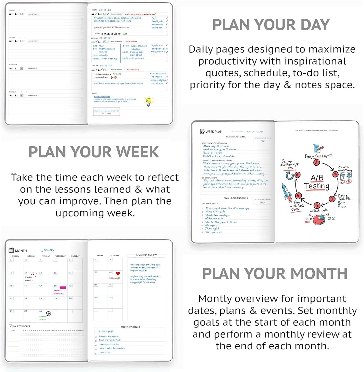 Undated Daily Planner – 1-Year B5 Productivity Organizer with Two-Page Weekly Spread, Goal Setting, Habit Tracker, Weekly & Monthly Pages – Hardcover Time Management Notebook (Gray)
