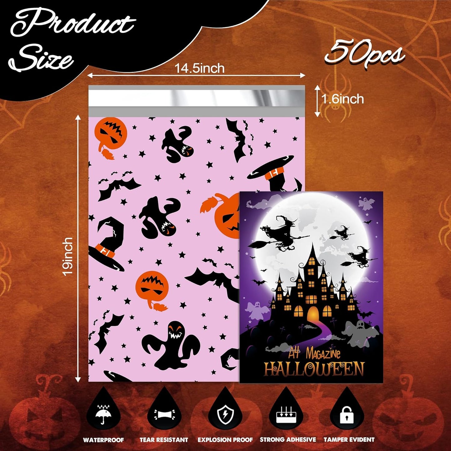 Halloween Poly Mailer 14.5x19 Inch 50 Pcs, Waterproof Shipping Bags for Clothing, Tear-Resistant Mailier Bags, Strong Mailing Bags with Self-Seal - Purple