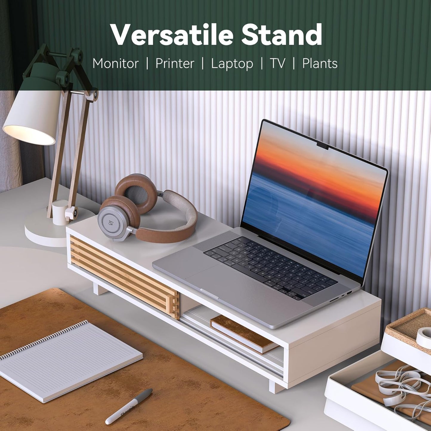 Monitor Stand Riser with Sliding Door, Computer Laptop Stand Desk Shelf Organizer with Storage (White + Natural Bamboo, 25 Inch)