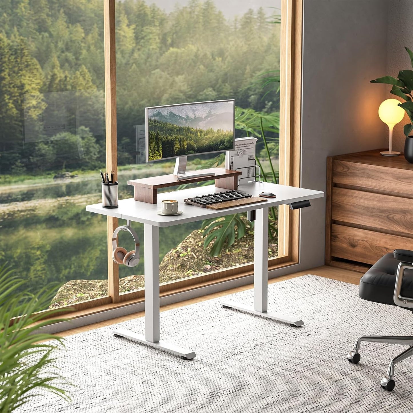 Veken 47.2 Inch Large Electric Standing Desk, 4 Memory Heights Adjustable,Sit to Stand Up, Work Home Office Computer Table for Study, Walking Pad, Writing, and Games, Wooden Desktop Desks, White