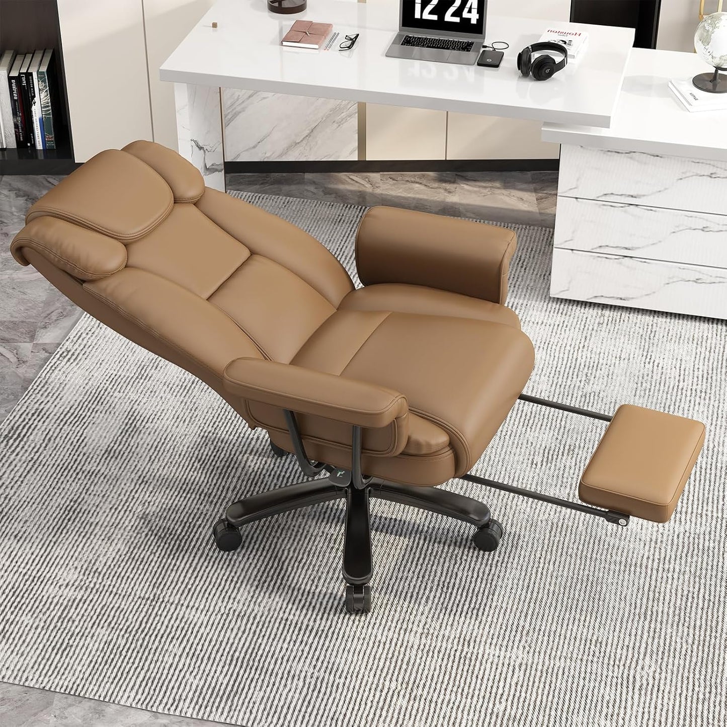 GYI Criss Cross Chair with Wheels, 160°Big and Tall Reclining Office Desk Chair with High Back, Wide Seat, Arms, Footrest, Brown