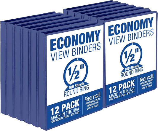 Samsill 0.5 Inch 3 Ring Binders, Made in USA, Economy Round Ring, Clear View Cover, 100 Sheet Capacity - for School, Home, Office - Blue, 12 Pack