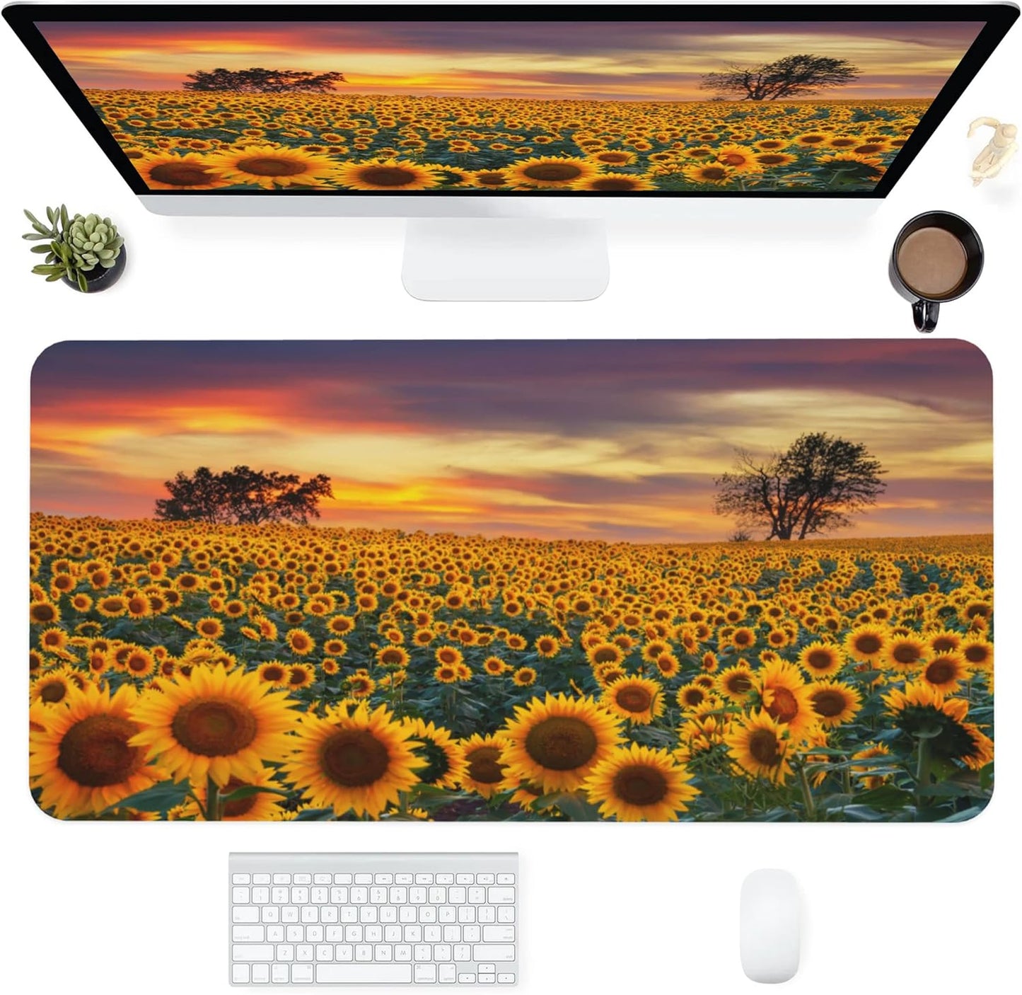 Desk Mat,Floral Sunflowers Extended Gaming Mouse Pad for Office Work & Game,Computer Keyboard Mouse Mat Desk Non-Slip Rubber Base Large Mousepad with Stitched Edges, 31.5x15.7inch