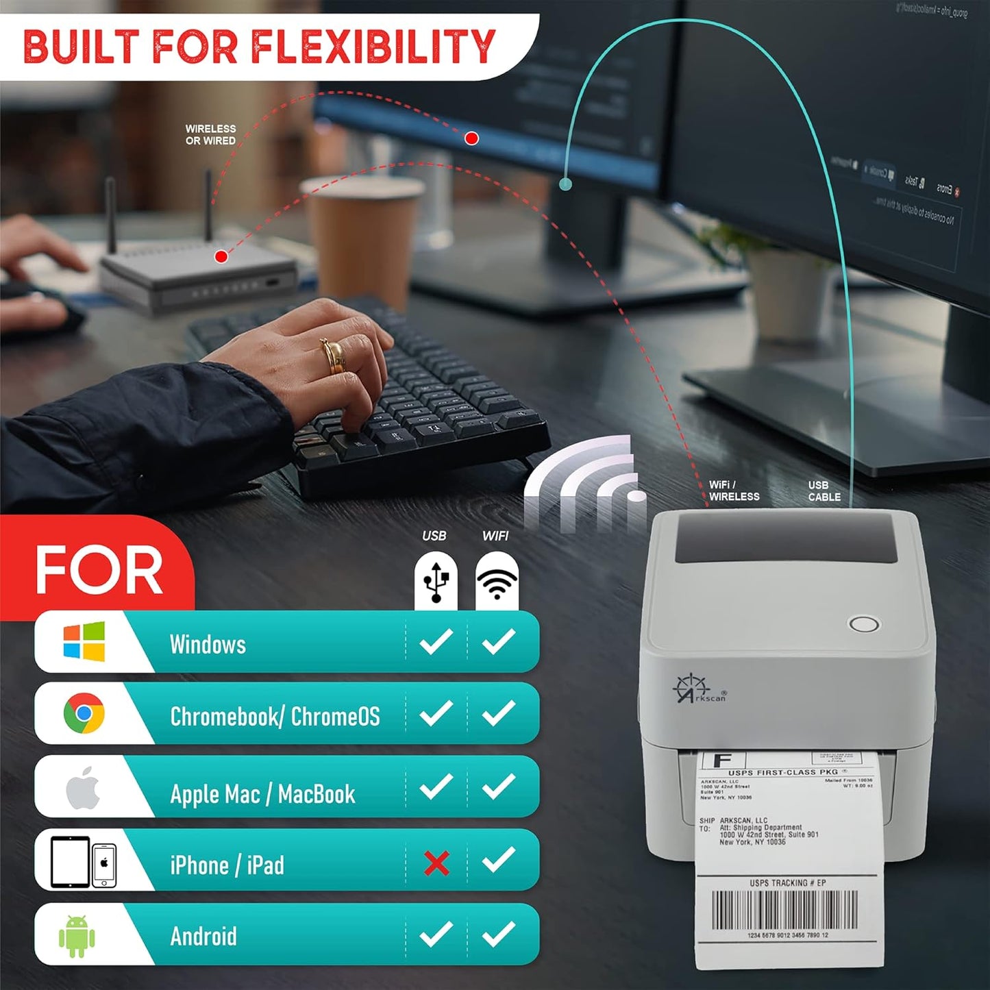 2054K-WF Mini WiFi Wireless Shipping Label Printer for iPhone Windows Mac Chromebook Android Support Amazon Ebay Paypal Shopify Shipstation UPS USPS FedEx Fanfold Direct Label
