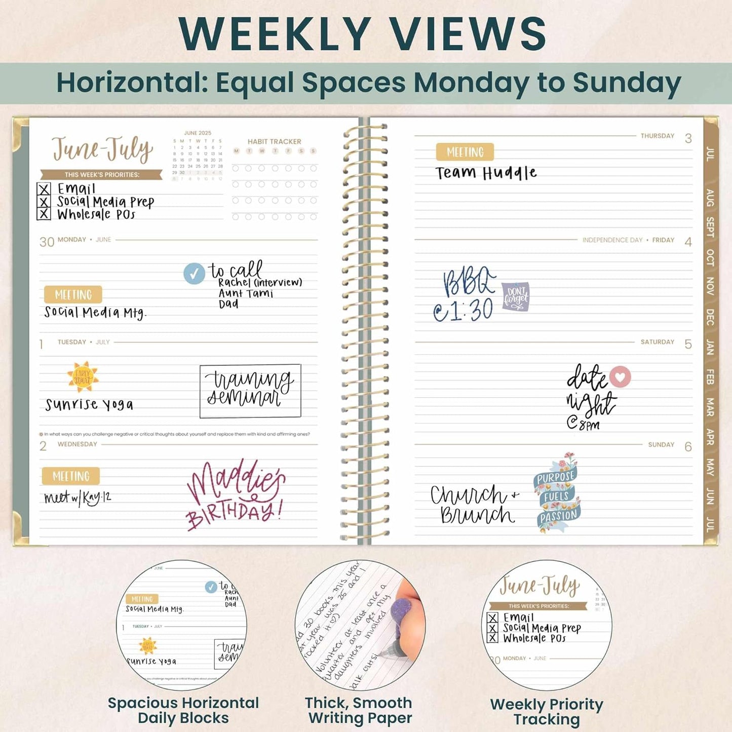 bloom daily planners HARDCOVER 2025-2026 (8.5" x 11") Academic Year Day Planner (July 2025 - July 2026) - Aesthetic Task Goal Organizer - Monthly & Weekly Inspirational Agenda Book - Green Linen