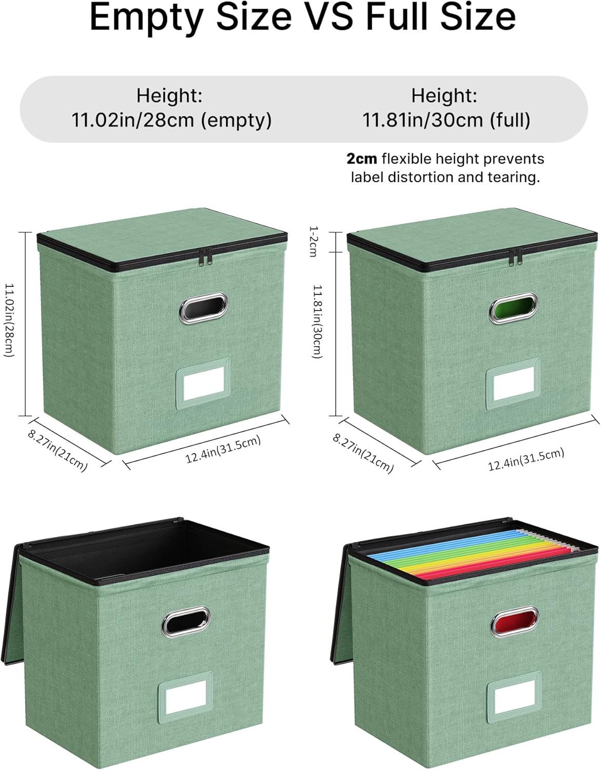 Oterri 1 Pack File Organizer Boxes with Lids, File Box with Mesh Pockets, Document Organizer Box for File Folders Letter Size, Zippers Filing Box for Home, Office, School (Green, Without Folders)