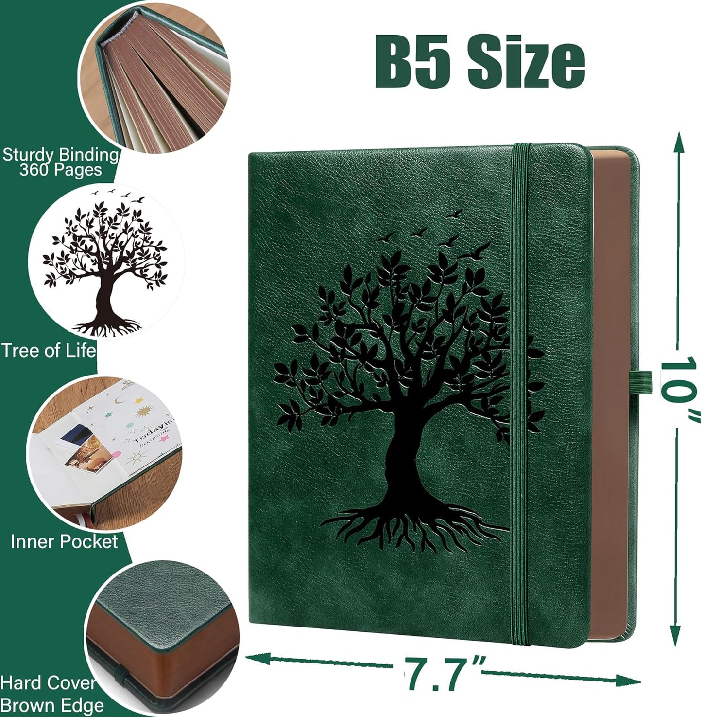 Thick Lined Journal Notebook with Pen, 360 Pages 100gsm Paper, Brown Sprayed Edge, Journal for Writing B5 Ruled Notebook ,Leather Hardcover,Perfect for Work, Office or School, 7.8'' x 10'' Dark Green