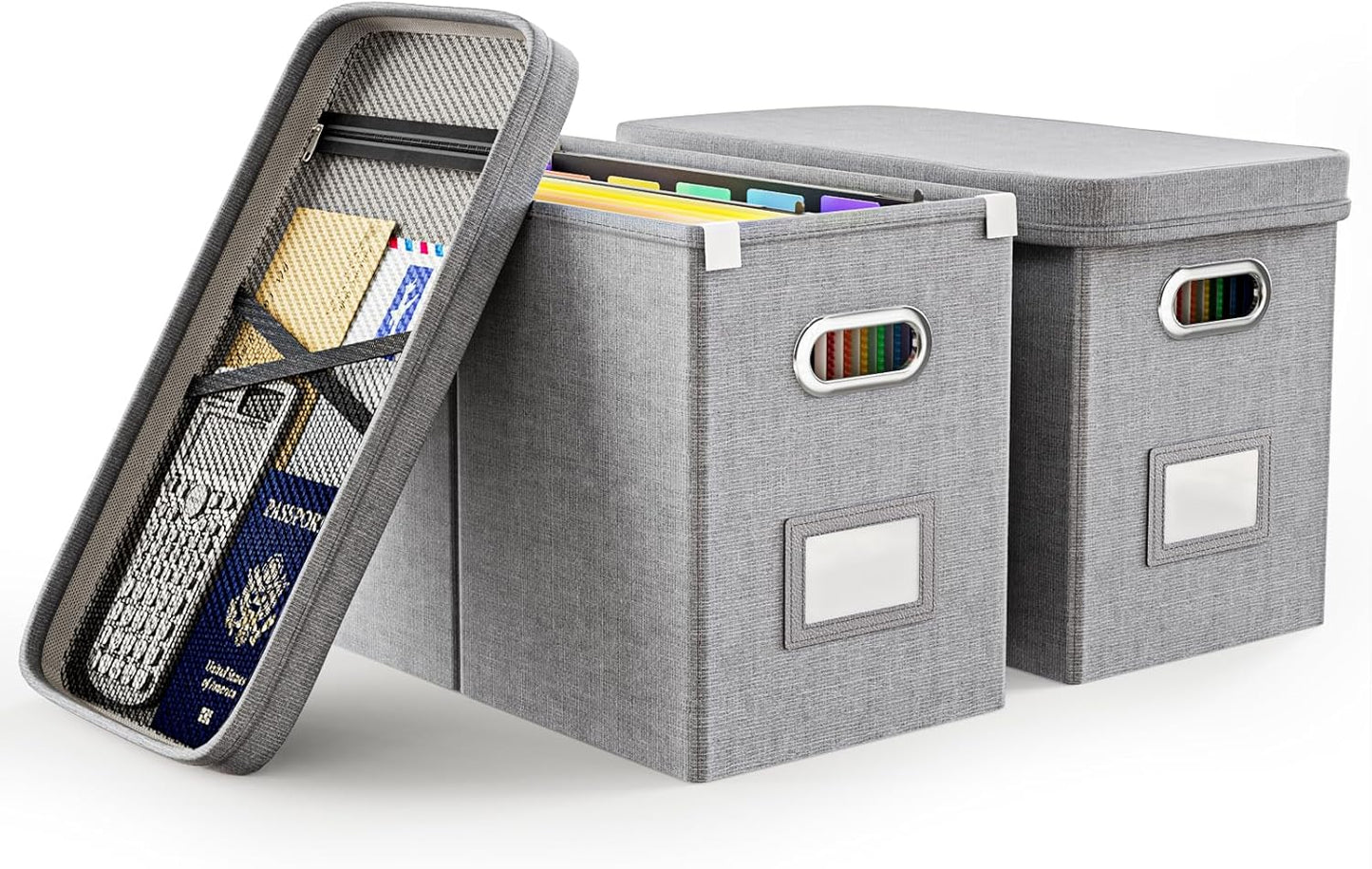 Oterri Hanging Filing File Box with Mesh Pocket, File Organizer Box with Lid, Collapsible Document Organizer Box for Letter Size, Easy Slide Durable Storage Box for Office/Decor/Home (2 PCS, Grey)