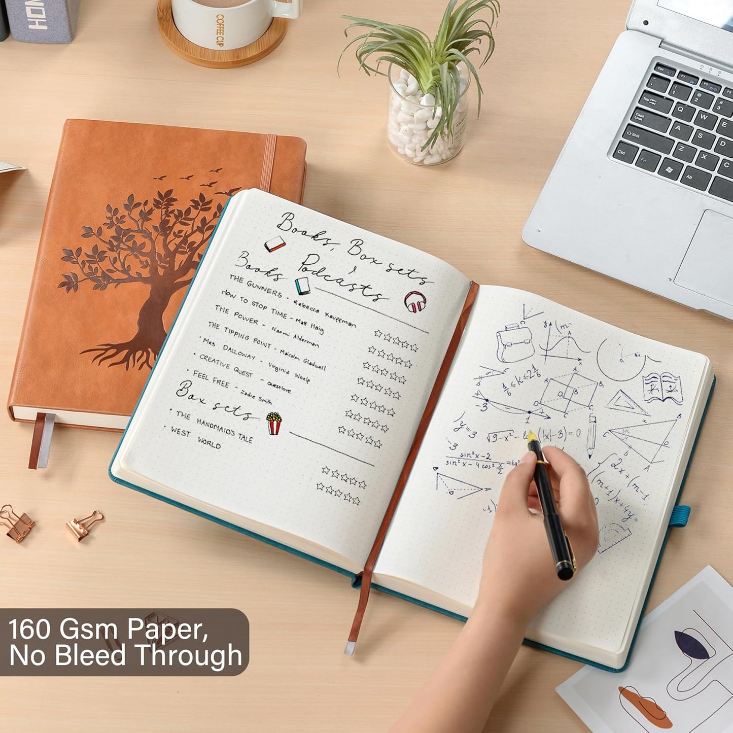 ZXHQ A5 Bullet Dotted Journal Notebook-150gsm Thick Paper, 256 Pages, Dot Grid Hardcover, Tree of Life Design, Fine Inner Pocket - 5.9" × 8.5" Brown