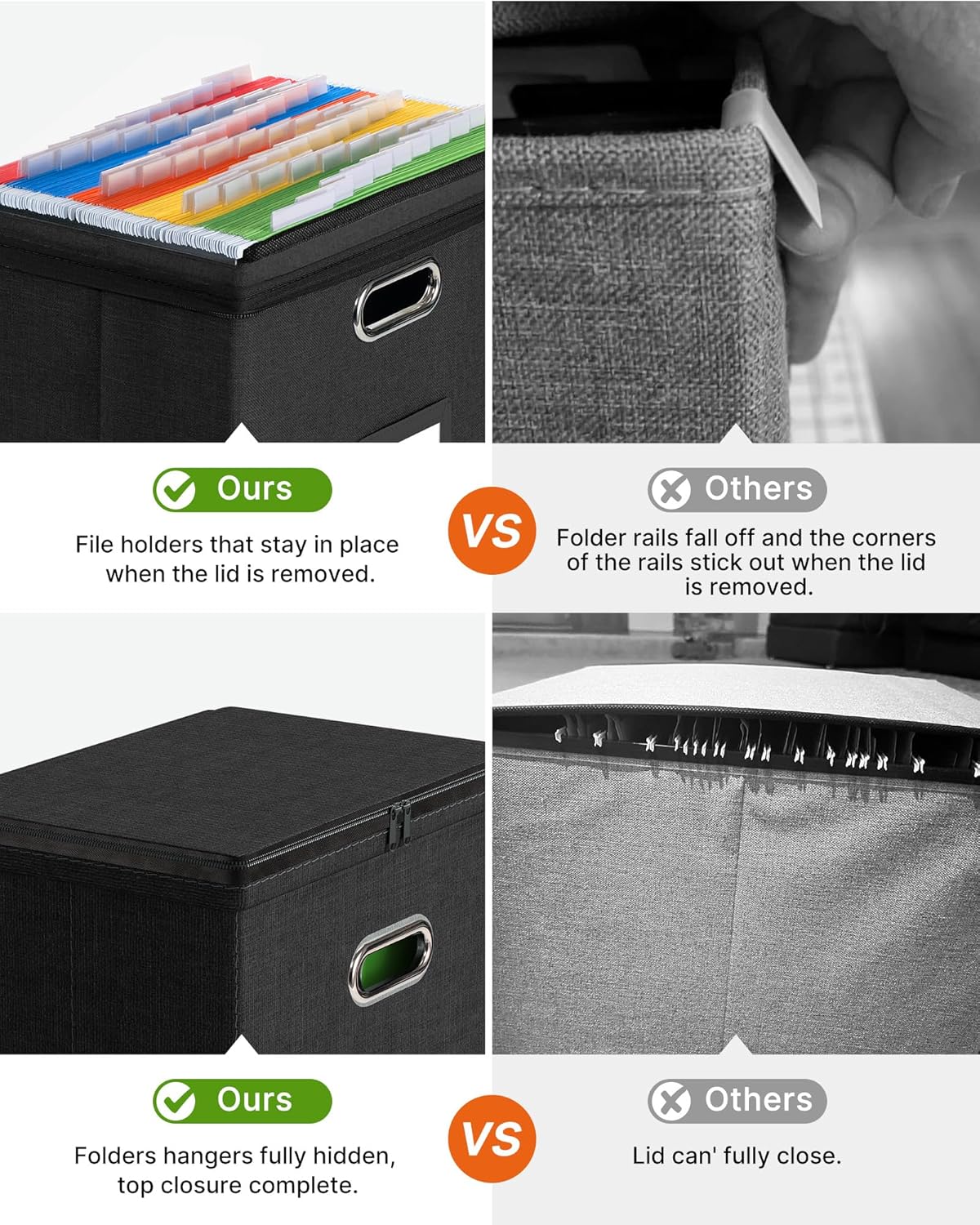 Oterri 1 Pack File Organizer Boxes with Lids, File Box with Mesh Pockets, Document Organizer Box for File Folders Letter Size, Zippers Filing Box for Home, Office, School (Black, Without Folders)