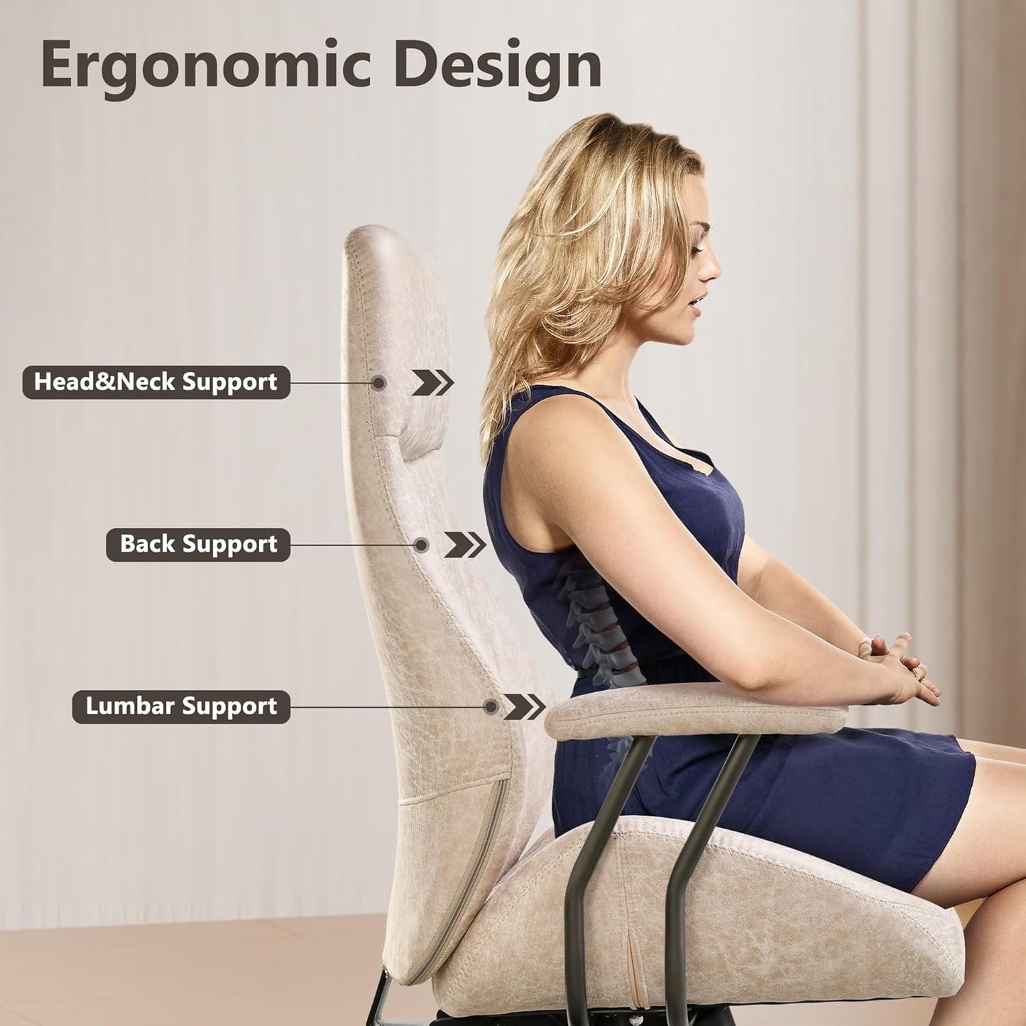 Mid Century Modren Office Chair - High Back Swivel Executive Chair with Lumbar Support,Ergonomic Computer Desk Chair with Wheels,Faux Lether Suede Task Chair,350lbs (Beige, High Back)