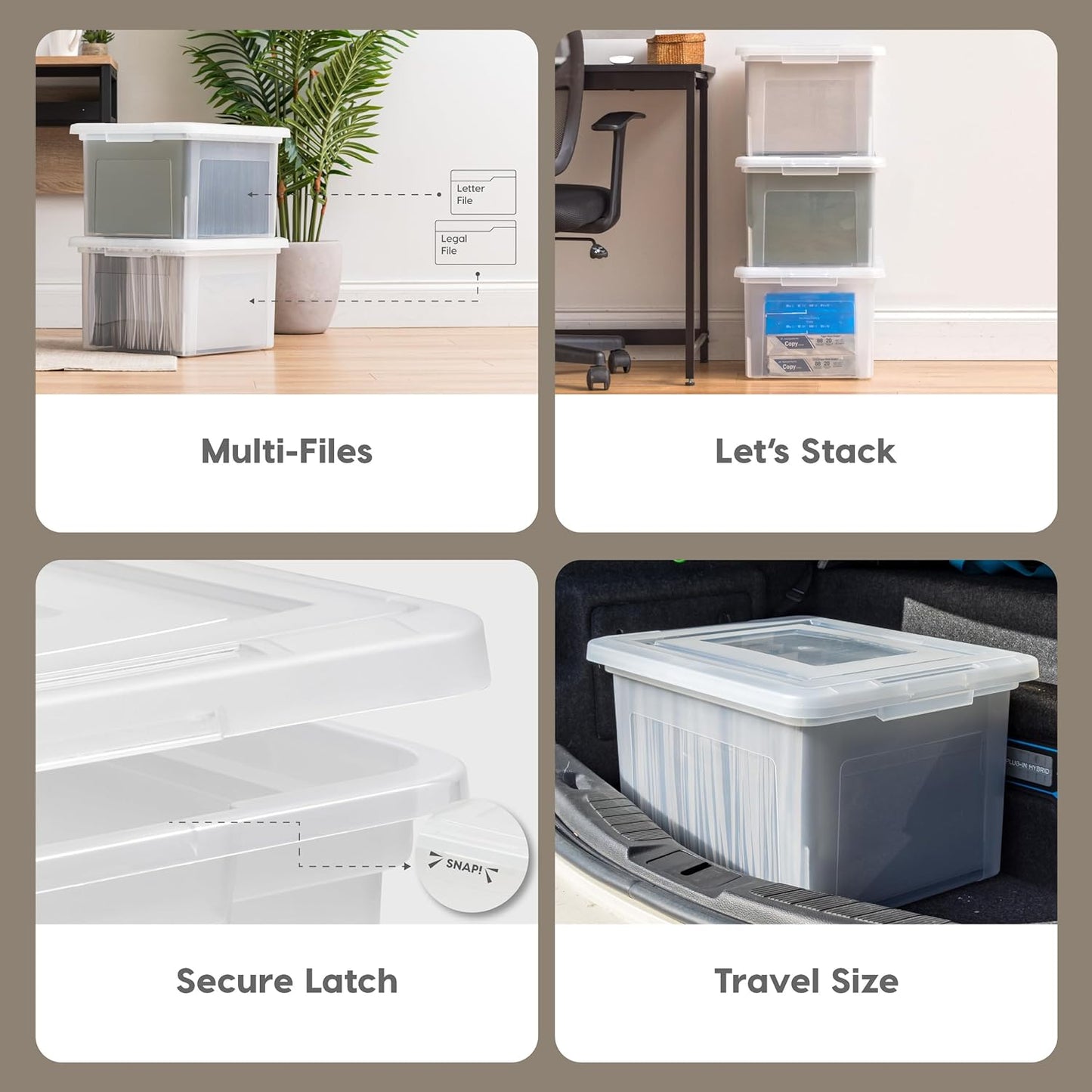 IRIS USA File Box, Plastic File Organizer with Lids for Letter/Legal File, Portable Document Box For Moving, Storage Bin with Durable and Secure Lid, Stackable Nestable BPA-Free, Clear 35 Qt. 4 Pack