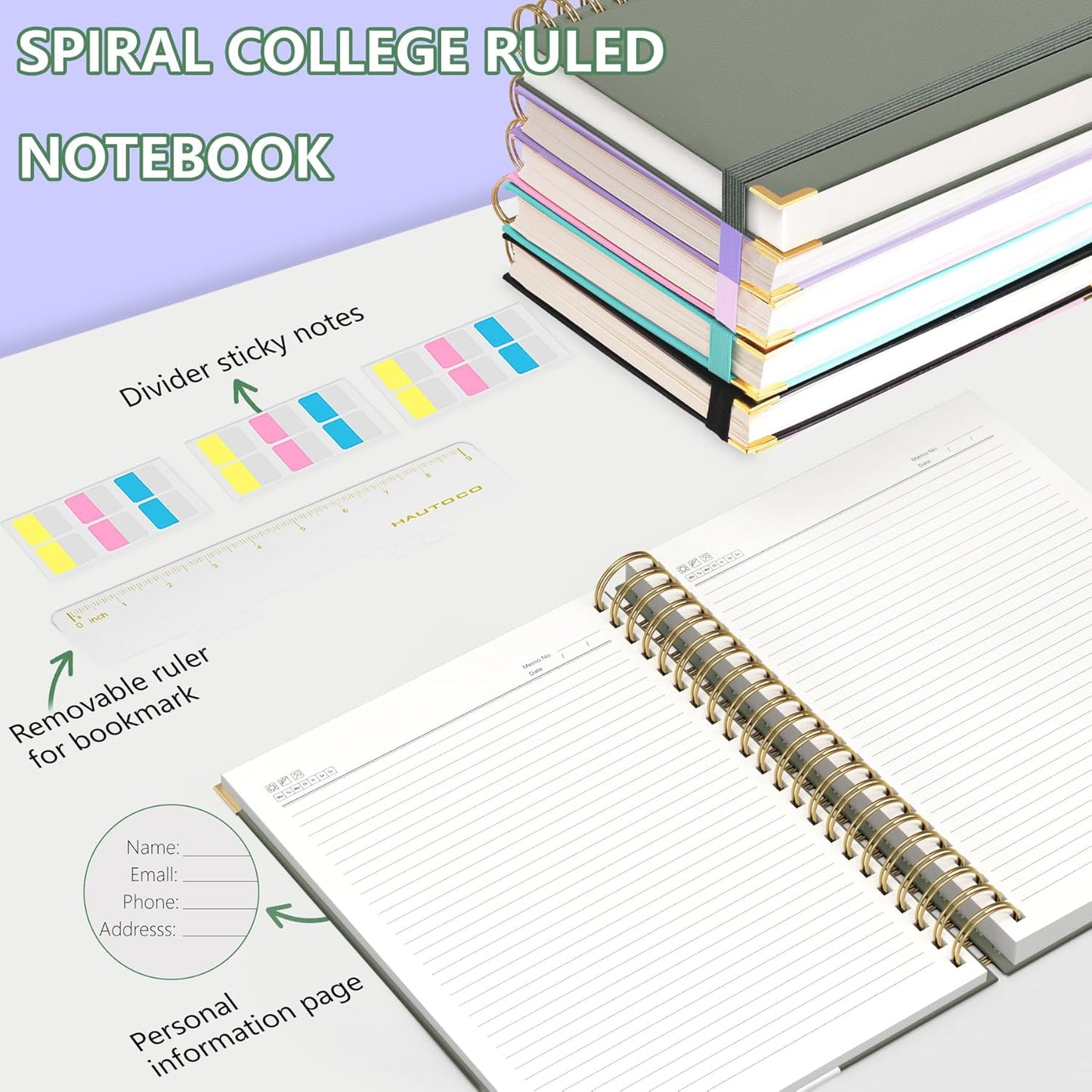 HAUTOCO Spiral Notebook Journal 8.5X 11", College Ruled Leather Notebook with 320 Pages, 100 GSM Paper, A4 Hardcover Notebook, Lined Journaling Notebooks for Work Office School Business, Olive Green