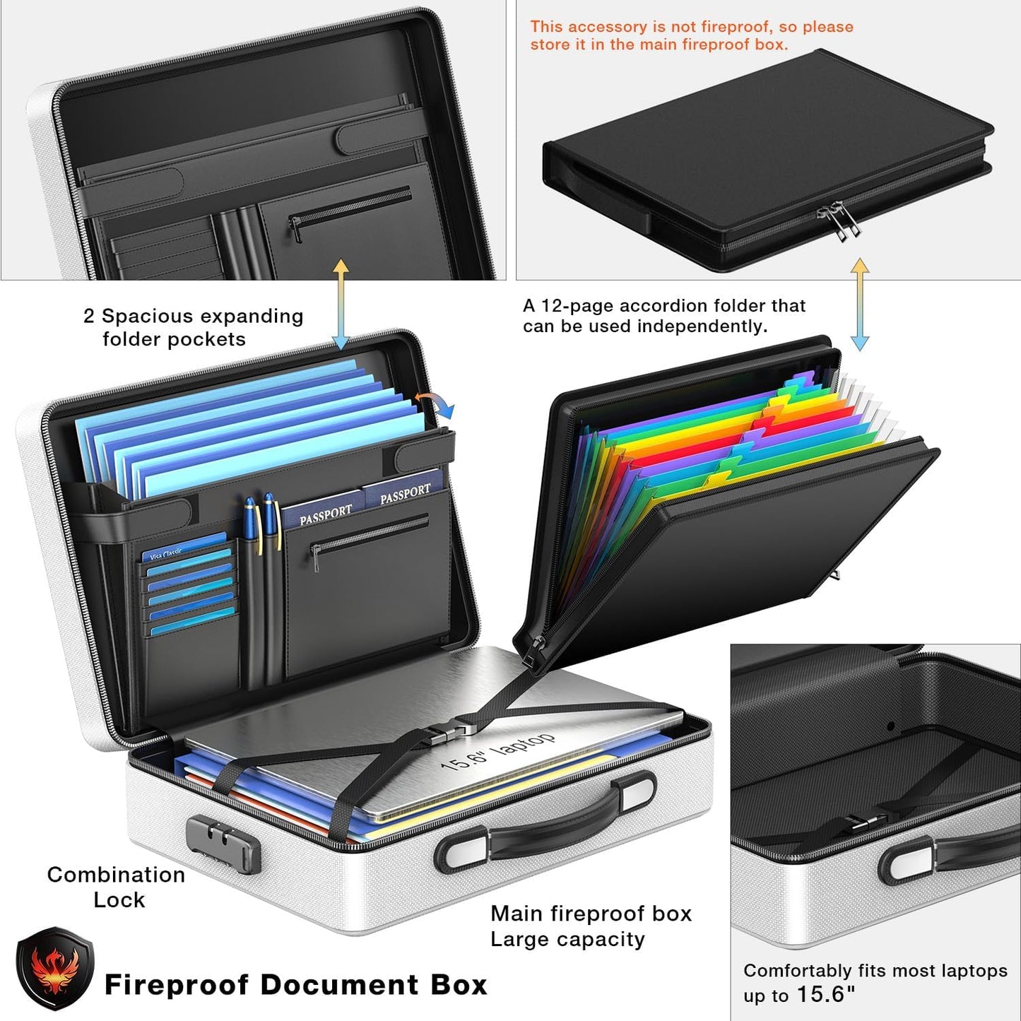 Fireproof Document Box with Fireproof Zipper, Hard Inner Shell Fireproof Document Bag with Lock, Fireproof Water Resistant Important Document Organizer 16 inch Laptop File Briefcase (Silver)