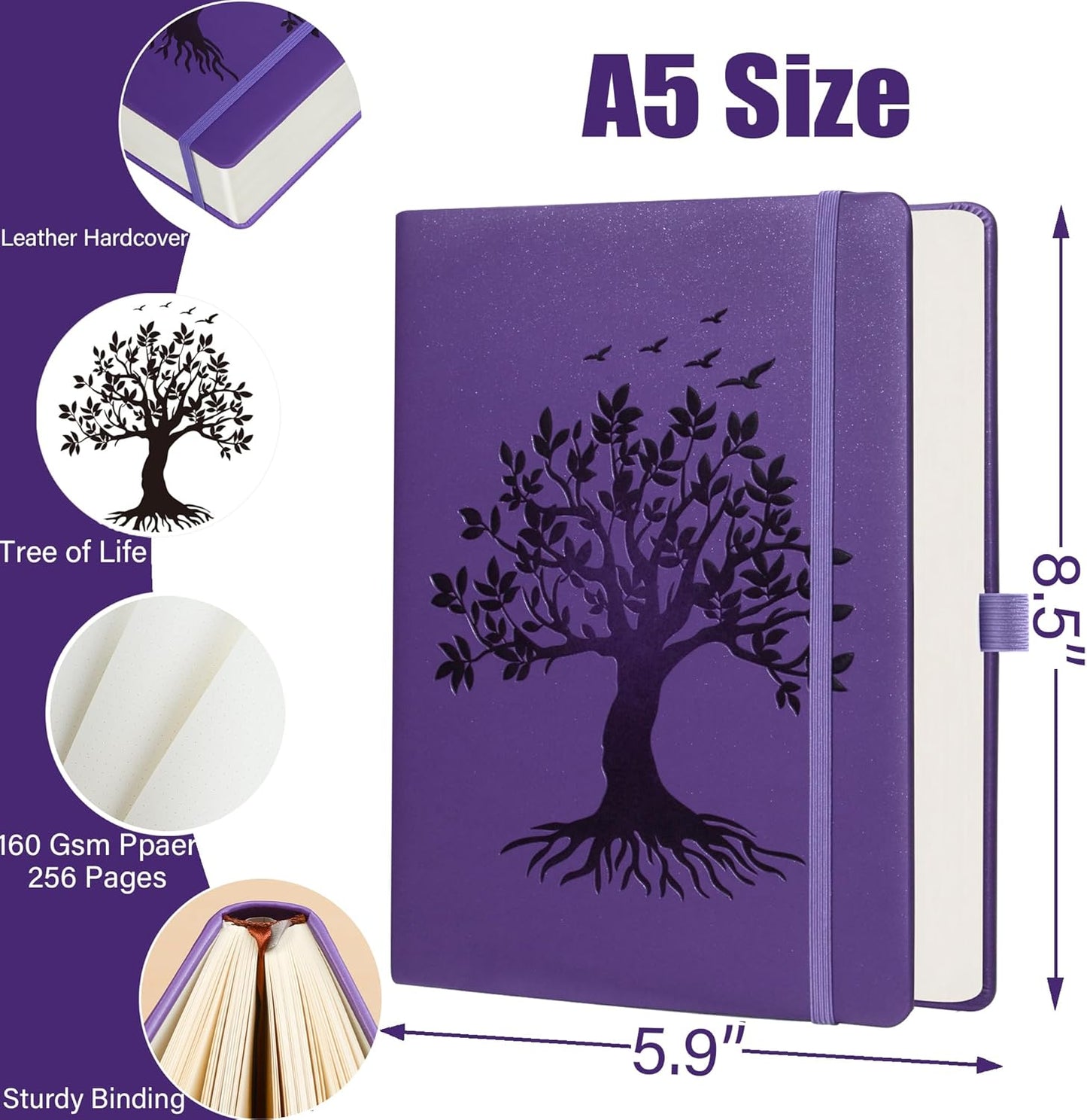 ZXHQ A5 Bullet Dotted Journal Notebook - 150gsm Thick Paper, 256 Pages, Dot Grid Hardcover, Tree of Life Design, Fine Inner Pocket - 5.9" × 8.5" Purple