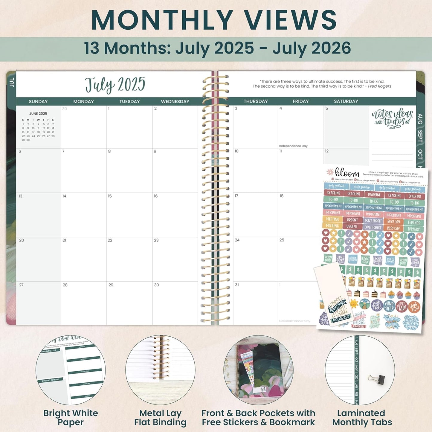 bloom daily planners 2025-2026 (8.5" x 11") Academic Year Day Planner (July 2025 - July 2026) - Weekly & Monthly Dated Agenda Organizer with Stickers & Tabs - Emerald Paint Strokes