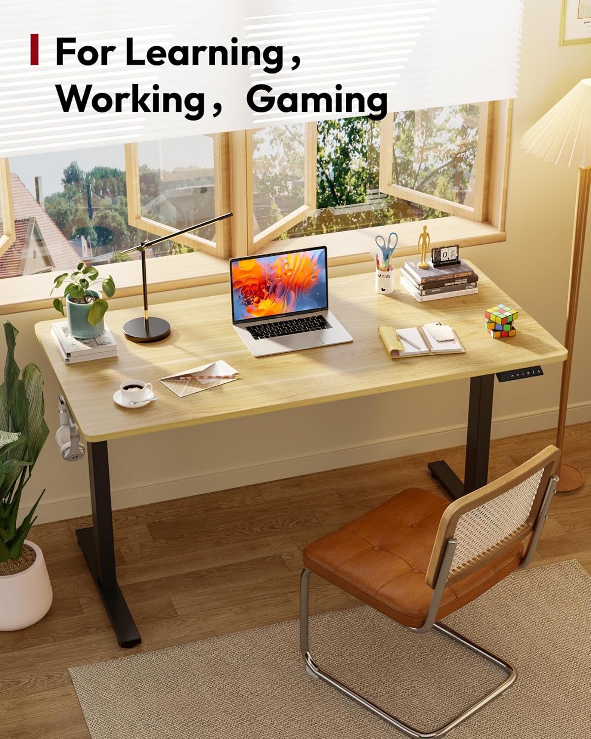 SANODESK Electric Standing Desk 55 x 28 Inches Whole-Piece Desktop Height Adjustable Stand Up Desk w/6-Button Controller Ergonomic Computer Desk for Home Office, Black Frame + Natural Tabletop