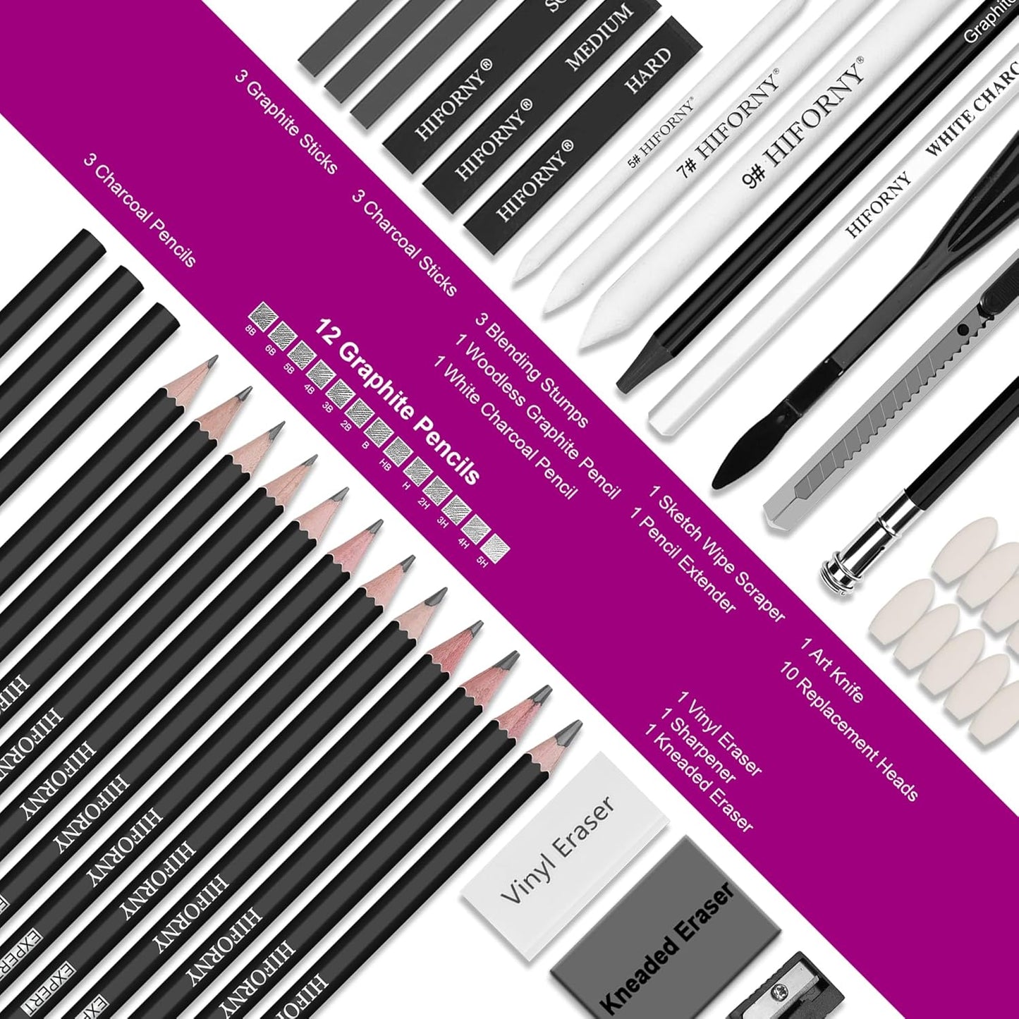 HIFORNY 42 PCS Drawing Set, Sketching Kit with Graphite & Charcoal Pencils, Blending Tools, Erasers & Accessories, Portable Zippered Travel Case for Artists & Beginners