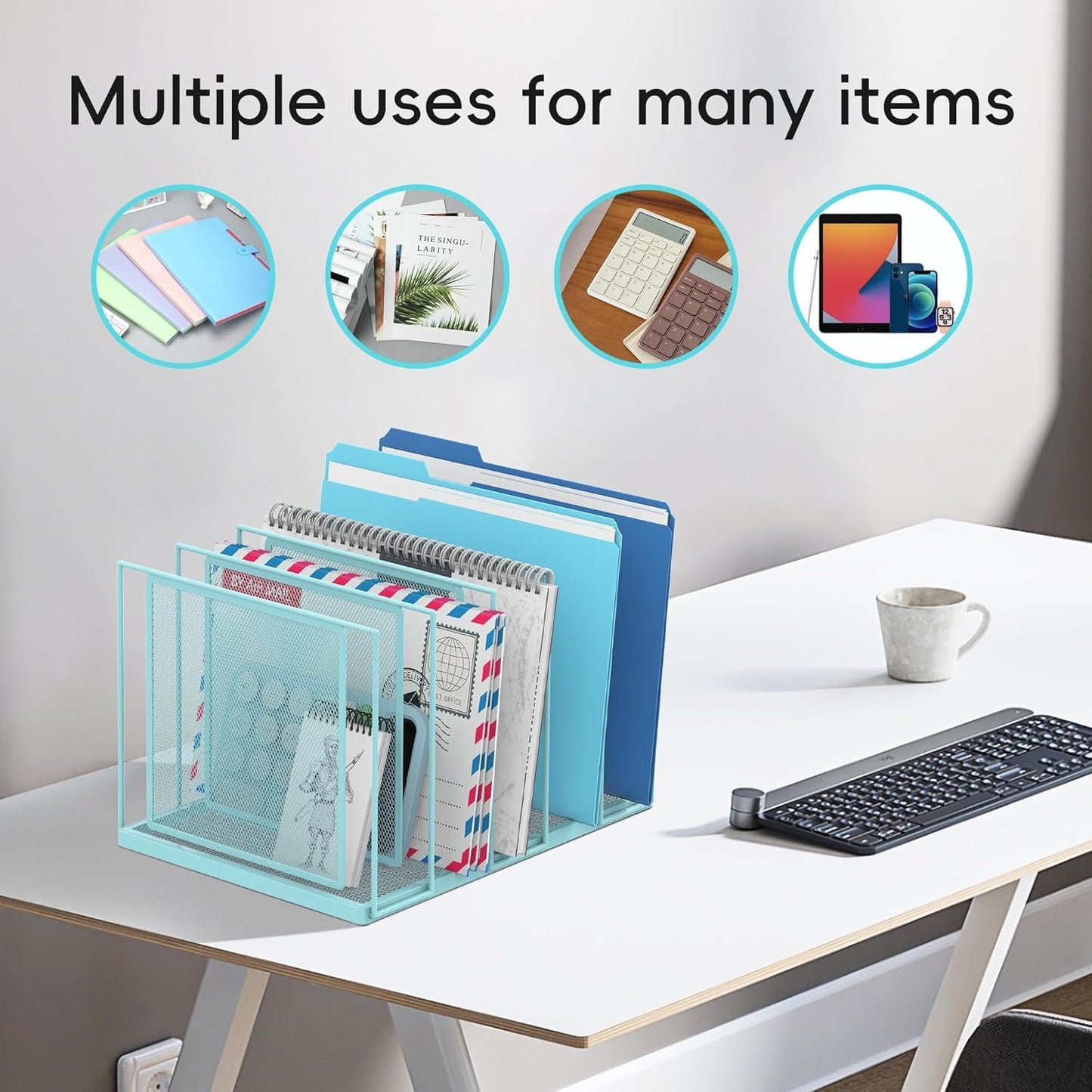 File Organizer for Desk, 5-Section Vertical File Sorter, Paper Holder Organizer Standing Metal File Folder for Office Home Classroom, Blue