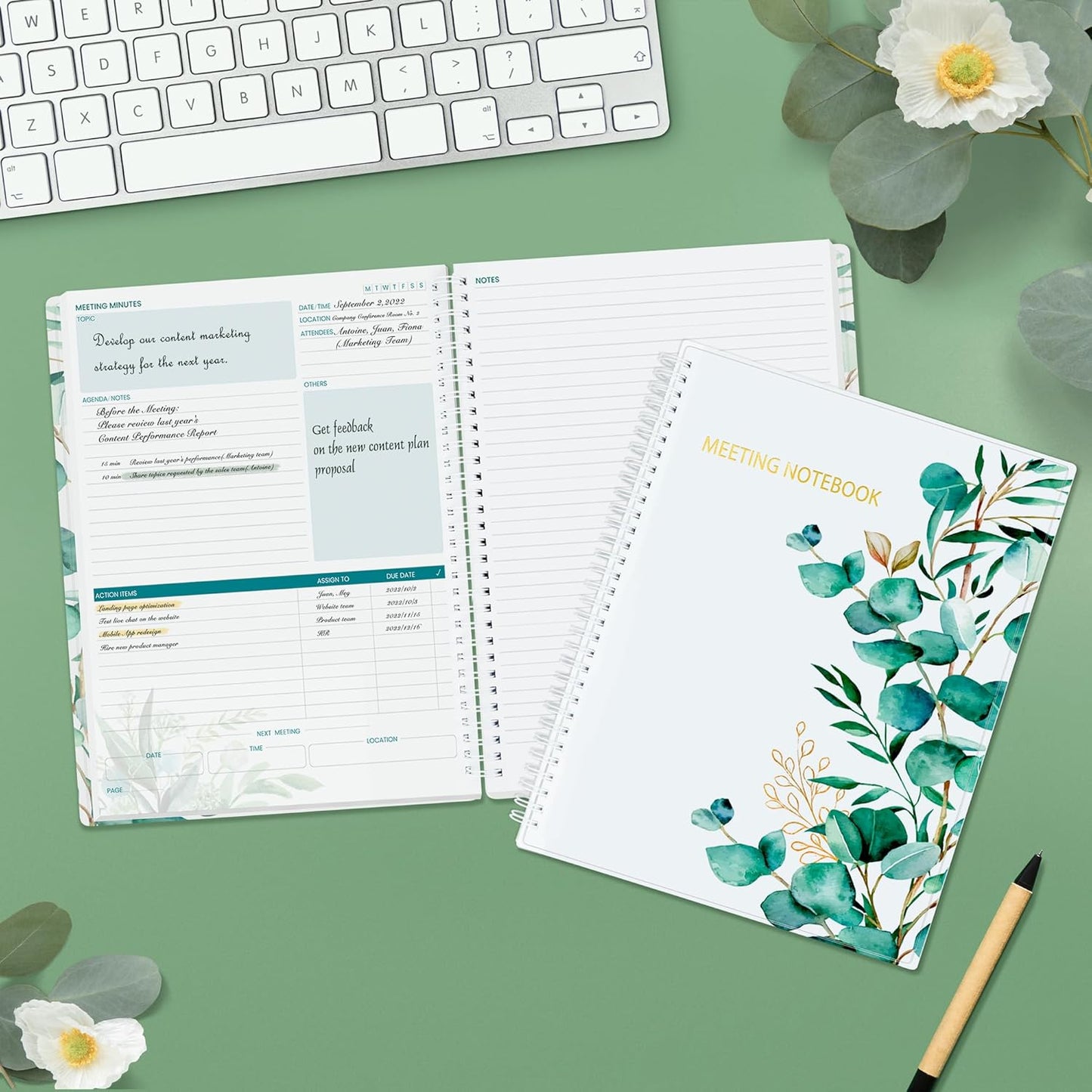 SUNEE Half Meeting Half Note - 8.5"x11" Professional Notebooks for Work - 160 Pages, A4 Size Project Planner, Spiral Meeting Agenda/Minutes Organizer for Women Men, Note Taking, Office & Business