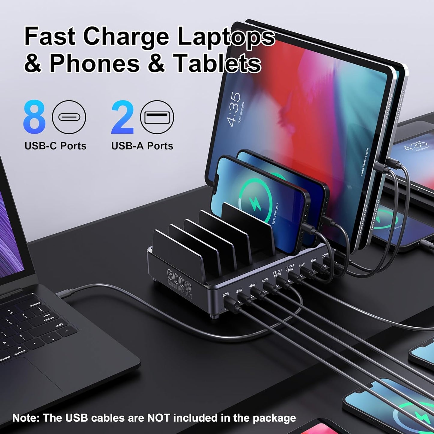 Aftertop 600W USB C Charging Station for Multiple Devices, 10 Ports PD3.1 140W PPS 45W QC60W Fast Charging Block for MacBook Pro Laptop, iPad, iPhone 16 15 Pro Max, Galaxy S24/S23 Ultra etc
