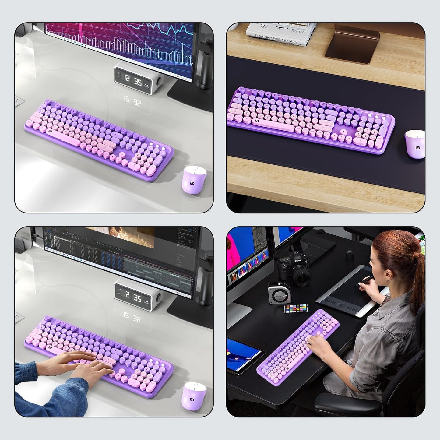 Wireless Keyboard and Mouse Combo, 2.4 GHz Wireless Full-Sized Typewriter Keyboard with Round Keycaps for Windows, Computer, Desktop, PC, Laptop (Purple)