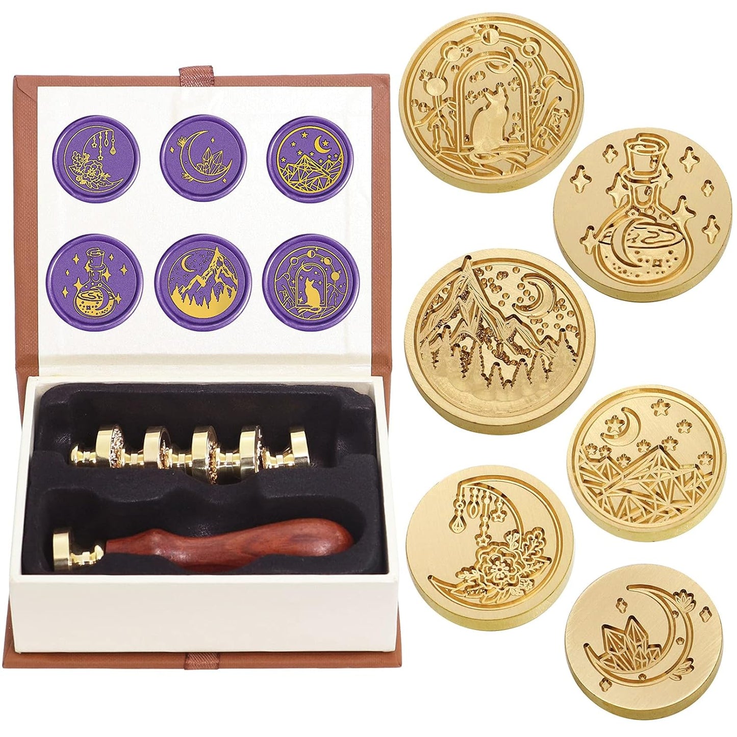 SWANGSA Wax Seal Stamp Set, Vintage 6 Pieces Moon Series Sealing Stamp Heads and 1 Wooden Handle Wax Seal Kit