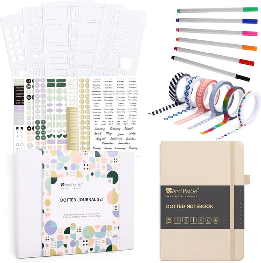 &And Per Se Dotted Journal Notebook Set, A5 Hardcover Dotted Journal (Light Apricot), 6 Fineliner Pens, 8 Sticker, 5 Stencil Sheets & 6 Washi Tapes, Journaling Supplies for Planner Schedule