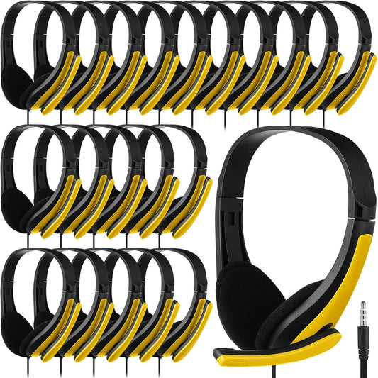 Yunsailing 20 Pack Bulk Classroom Headphones with Microphone Students Kids Wired School Class Set Headphones for School Library Computer Office Adults 3.5 Jack Universal Plug(Yellow)