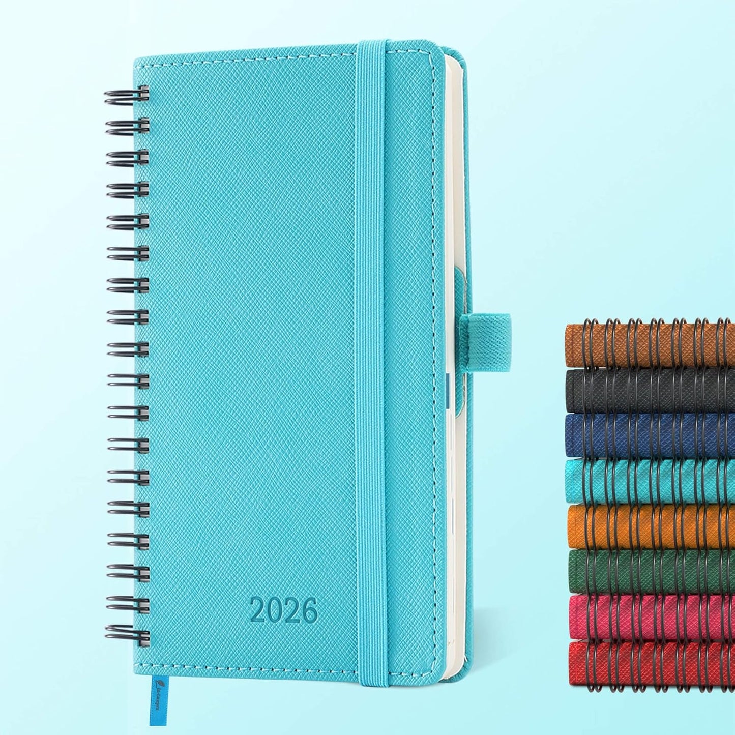 Planner 2026 Daily Weekly and Monthly,6.5"x3.75",12 Months Spiral Bound Calendar Agenda with Self-adhesive Pen Holder,2026 Appointment Book with Vegan Leather Soft Cover,Light Blue