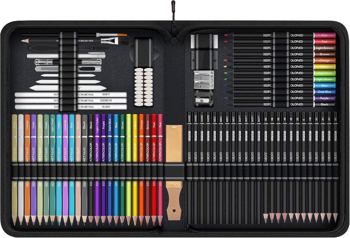 HIFORNY 100 PCS Drawing & Sketching Set, Professional Art Supplies with Graphite,Charcoal, Colored,Watercolor,Metallic Pencils,Blending Tools,Sketchbook and Coloring Book in Zipper Case (Black)