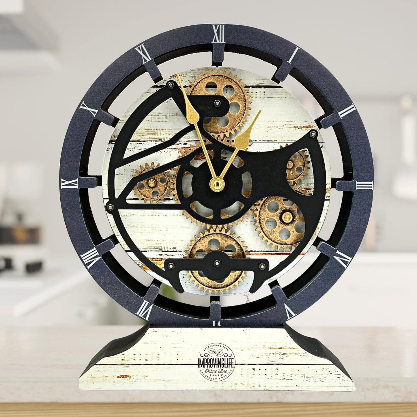 The Gears Clock Desk Clock 10 inches with Real Moving Gears Convertible into Wall Clock (Desert Beige)