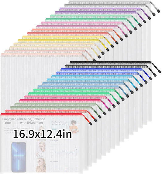 Umriox 32 Pack A3 Mesh Zipper Pouch Bags, Zipper Pouches for Organizing, Puzzle Bags, Clear bags for Crafts Projects, Travel Accessories, Board Game Storage